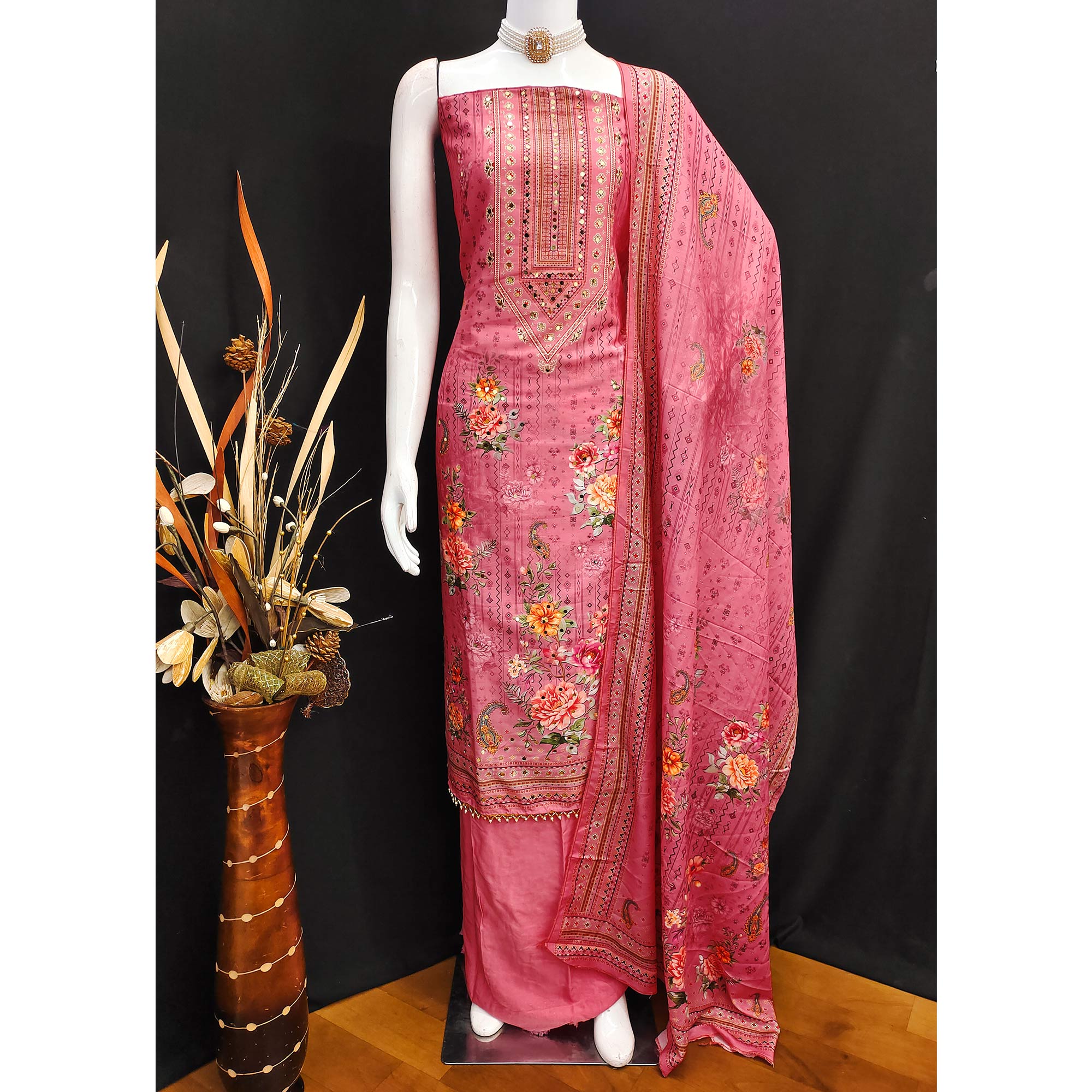 Pink Dress Material in Muslin with Delicate Mirror Highlights