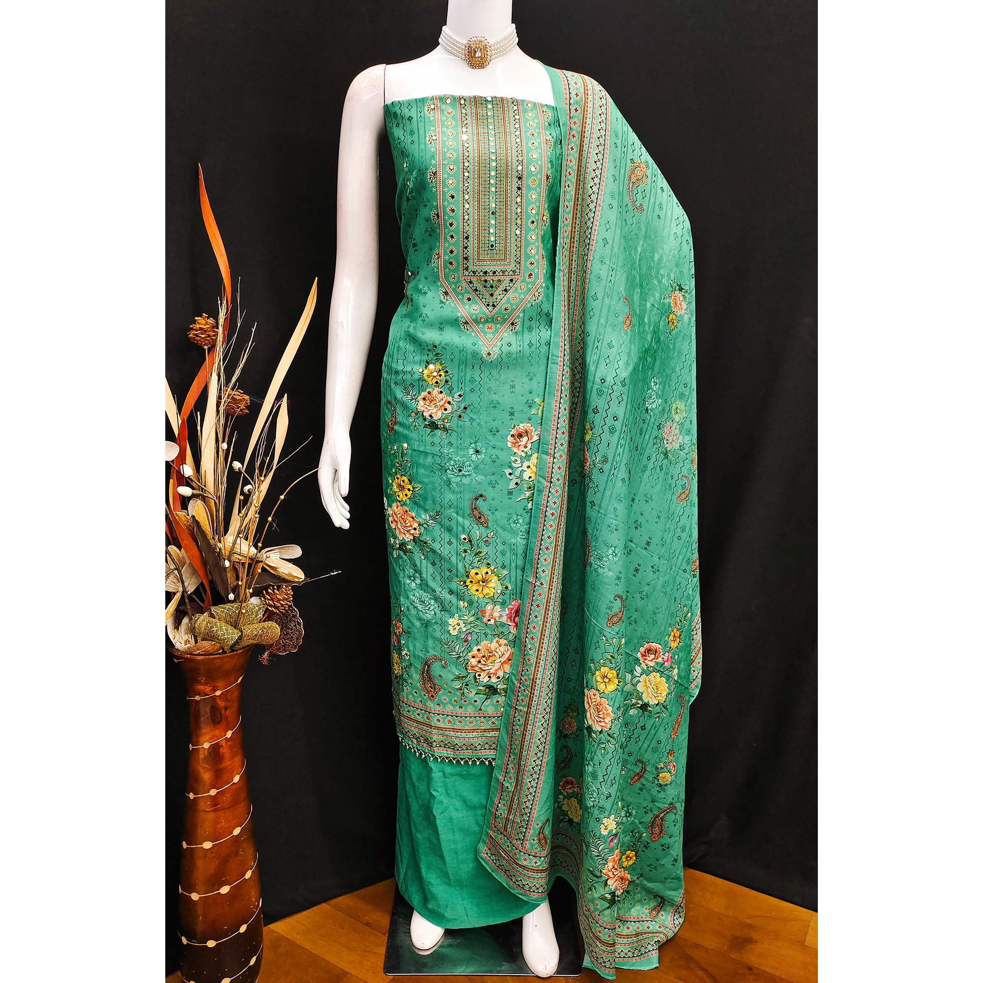 Sea Green Dress Material in Muslin with Delicate Mirror Highlights