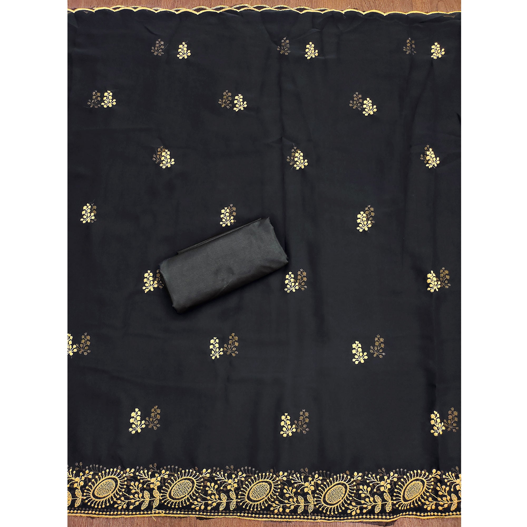 Black Floral Embroidered Georgette Dress Material