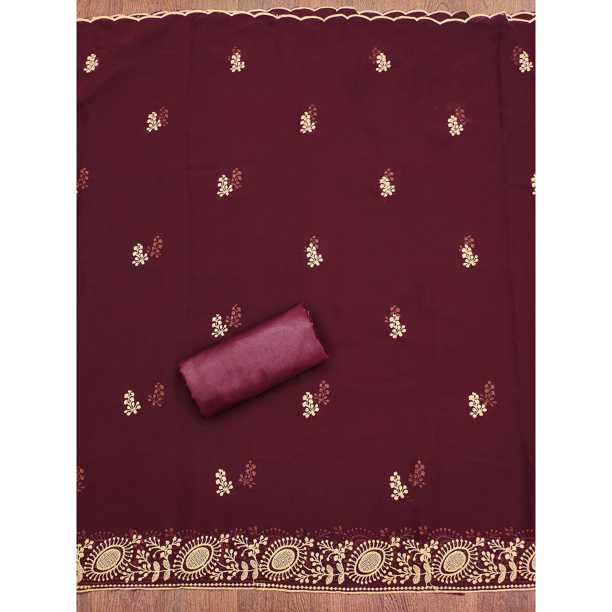 Maroon Floral Embroidered Georgette Dress Material