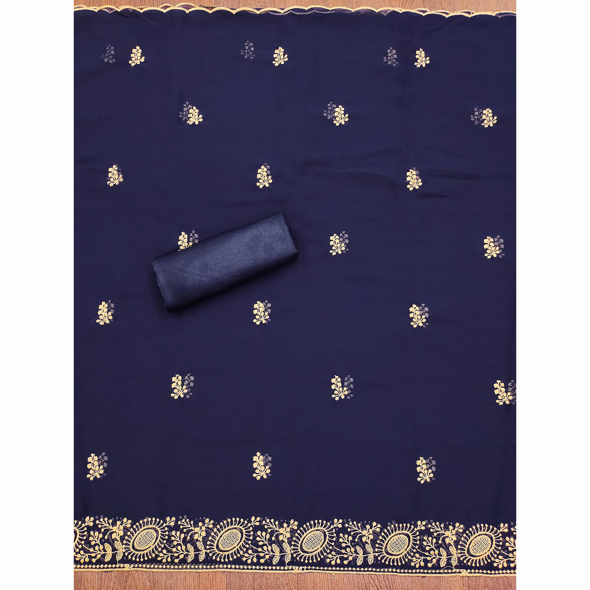 Navy Blue Floral Embroidered Georgette Dress Material