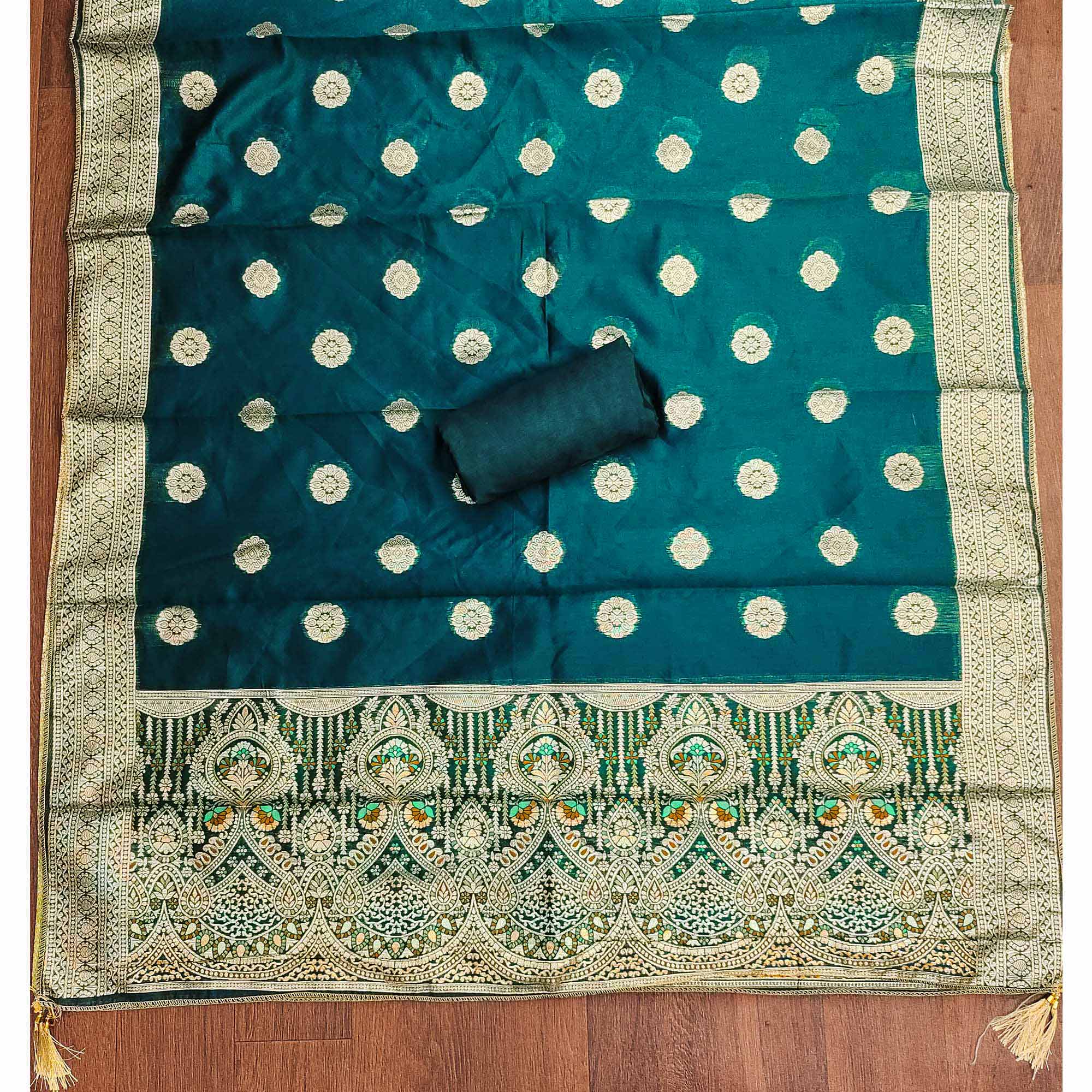 Dark Teal Unstitched Dress Material in Zari Woven Jacquard