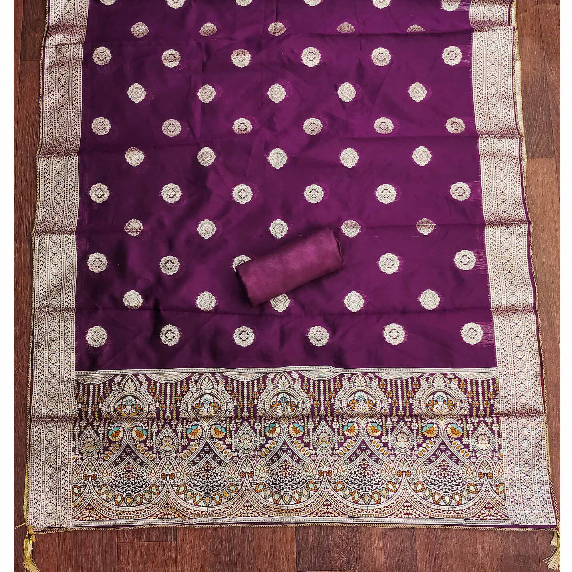 Wine Unstitched Dress Material in Zari Woven Jacquard