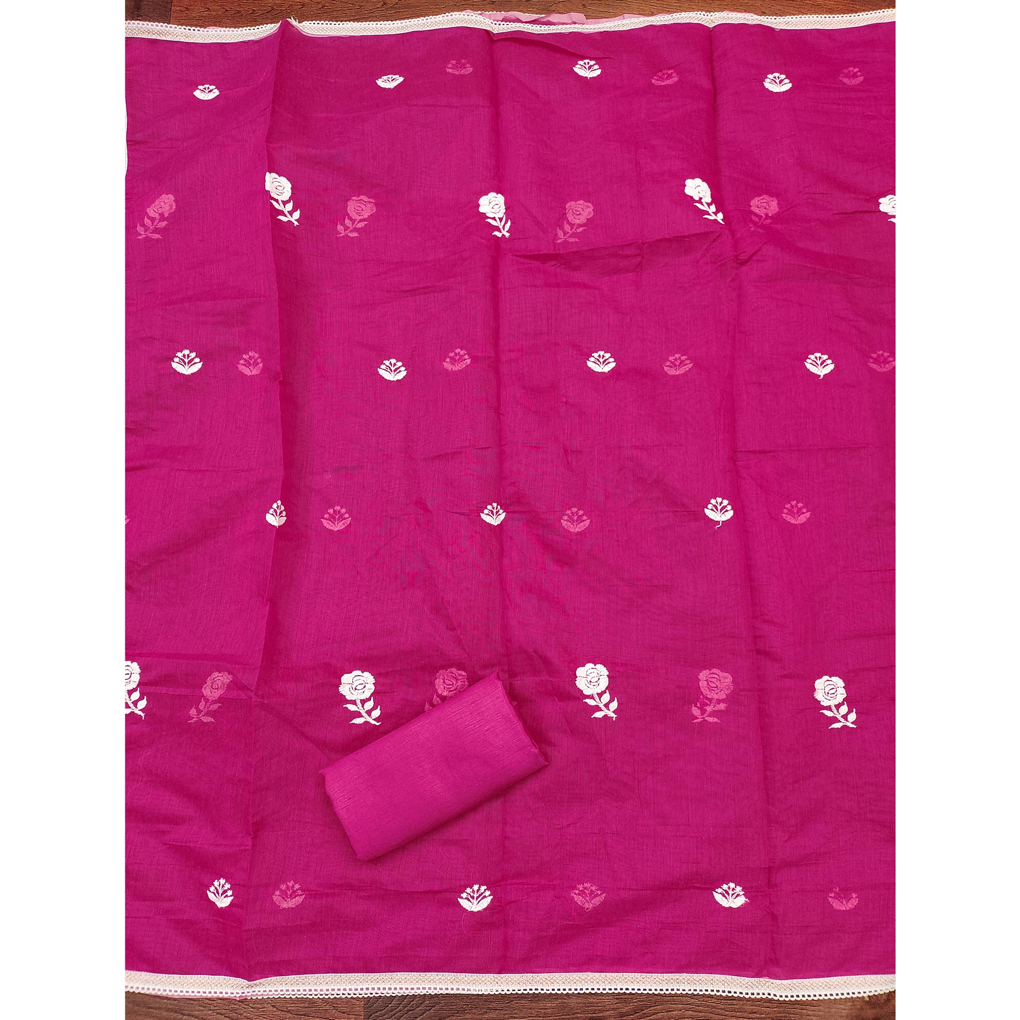 Dark Pink Embroidered Chanderi Cotton Suit Fabric with Floral Detailing