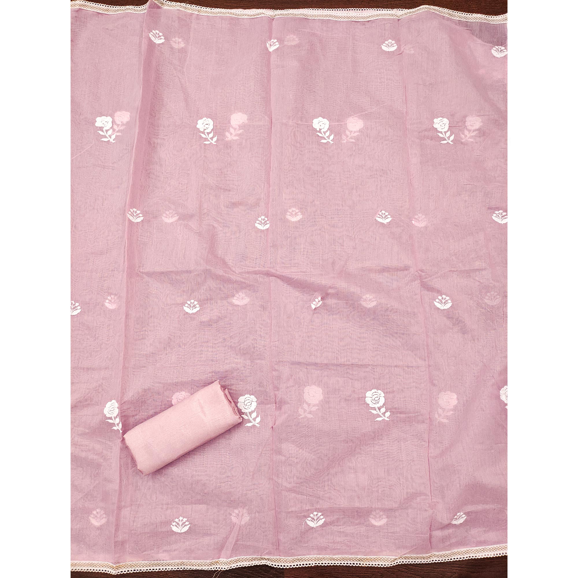 Pink Embroidered Chanderi Cotton Suit Fabric with Floral Detailing