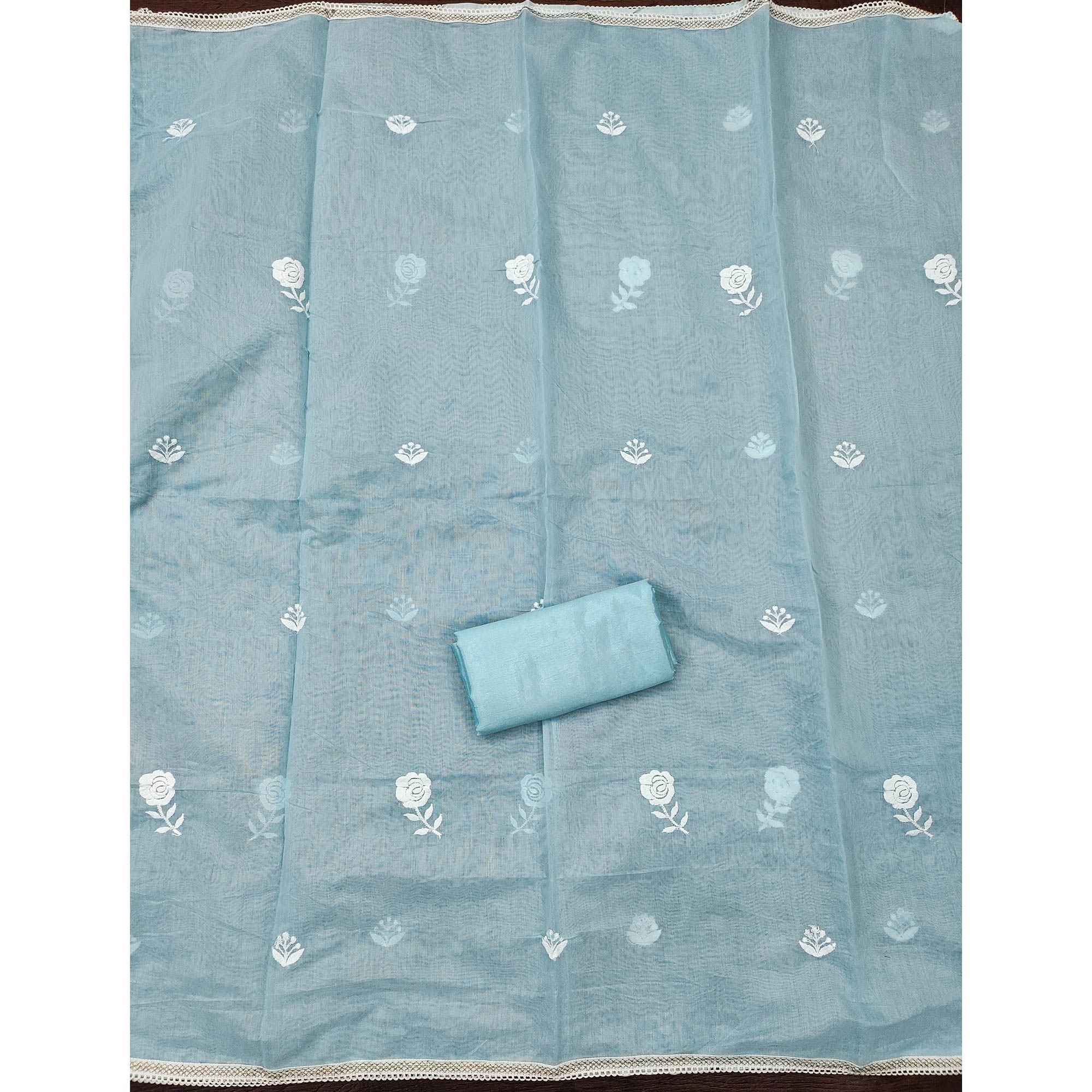 Sky Blue Embroidered Chanderi Cotton Suit Fabric with Floral Detailing