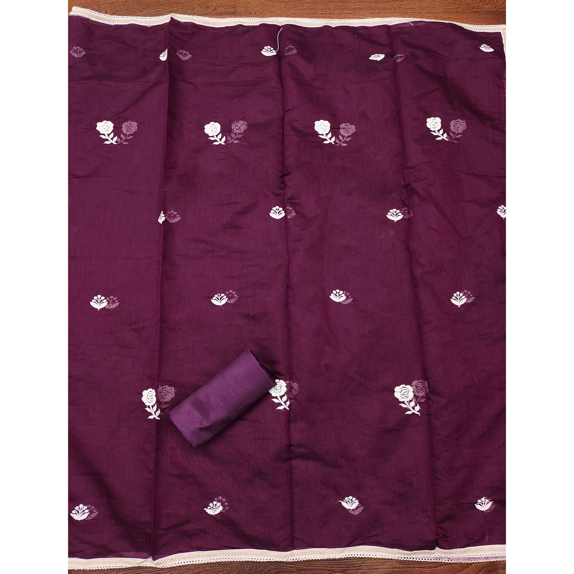 Wine Embroidered Chanderi Cotton Suit Fabric with Floral Detailing