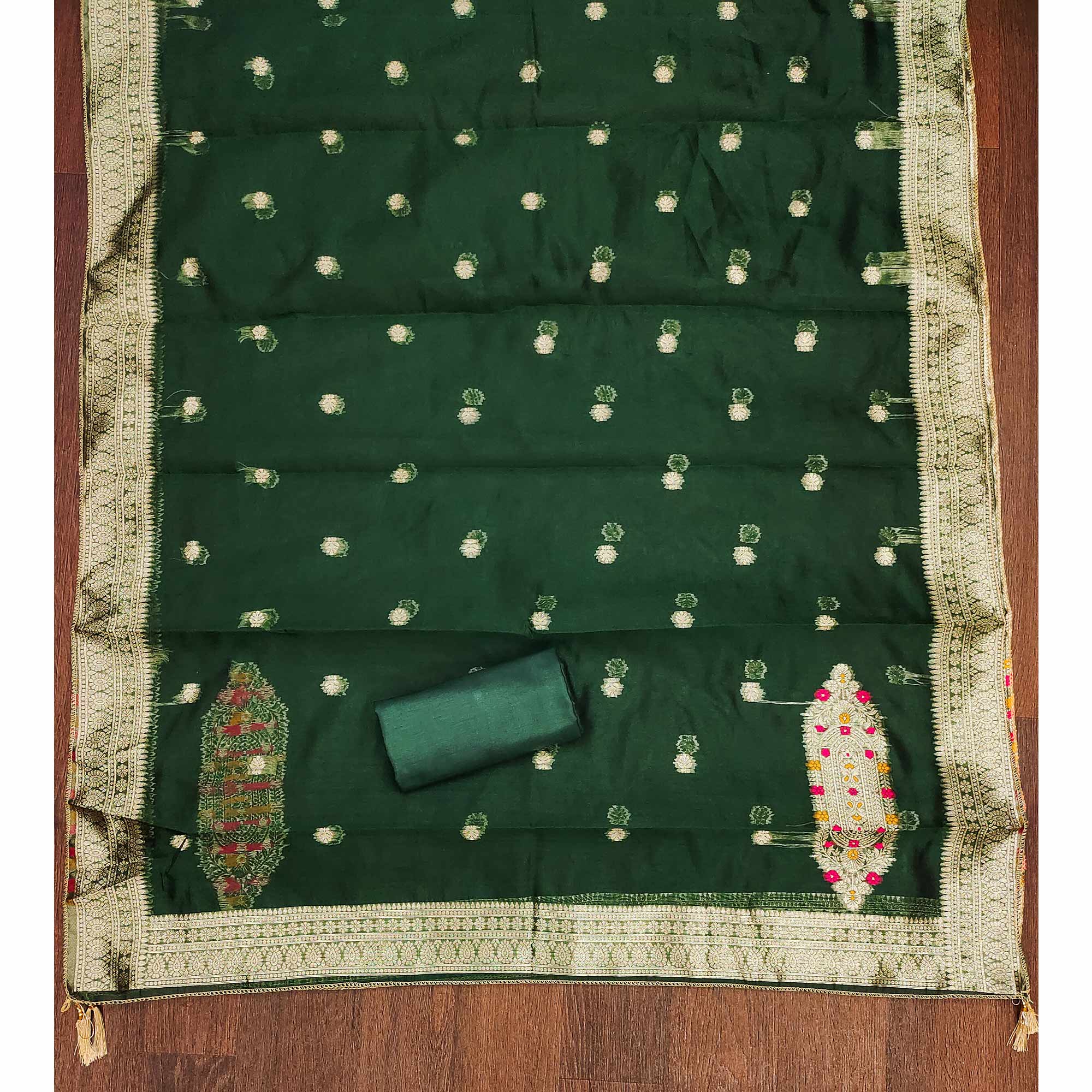 Festive Green Unstitched Dress Material in Zari Weaving Jacquard