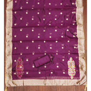 Festive Wine Unstitched Dress Material in Zari Weaving Jacquard