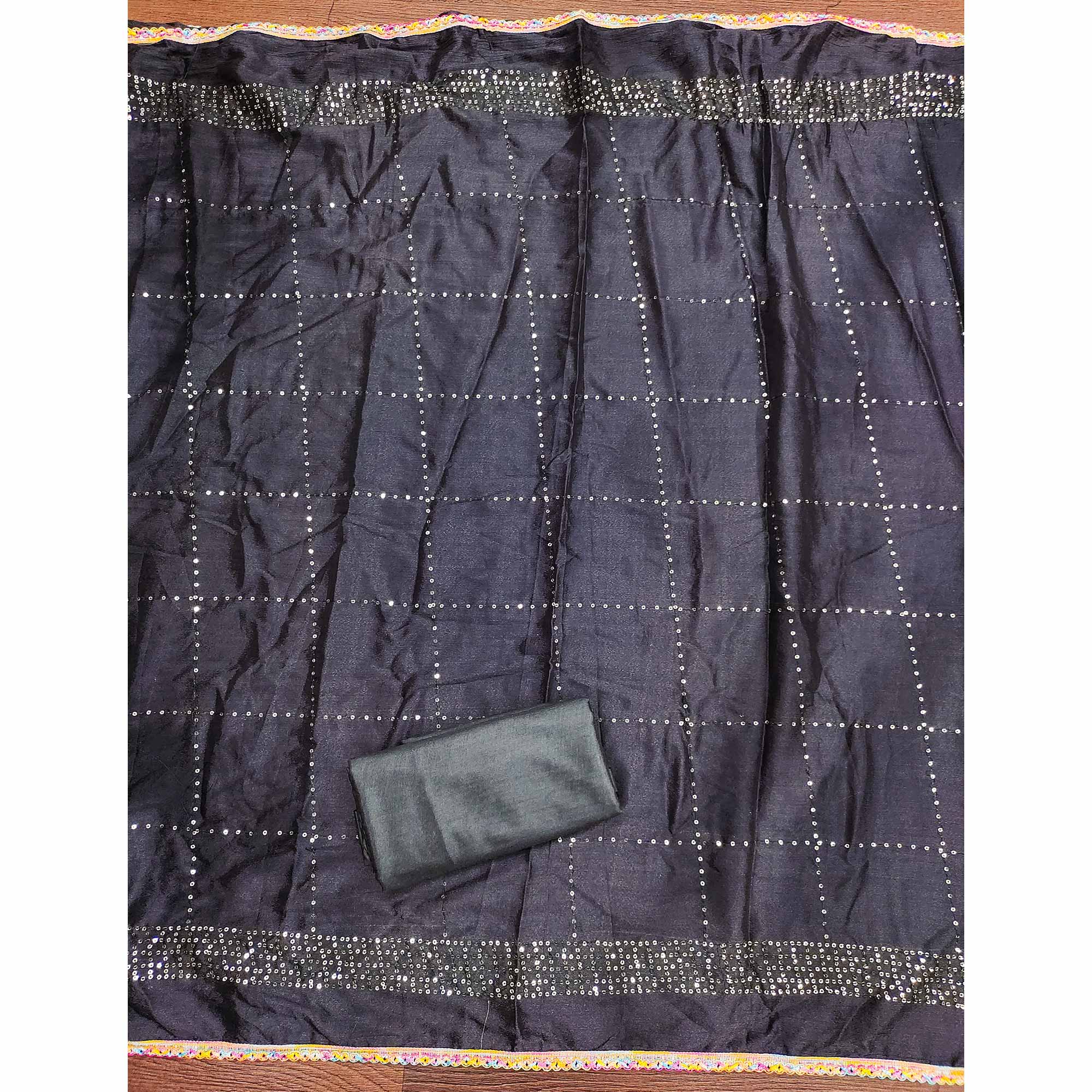 Festive Dark Grey Dress Material in Vichitra Silk with Sequin Highlights