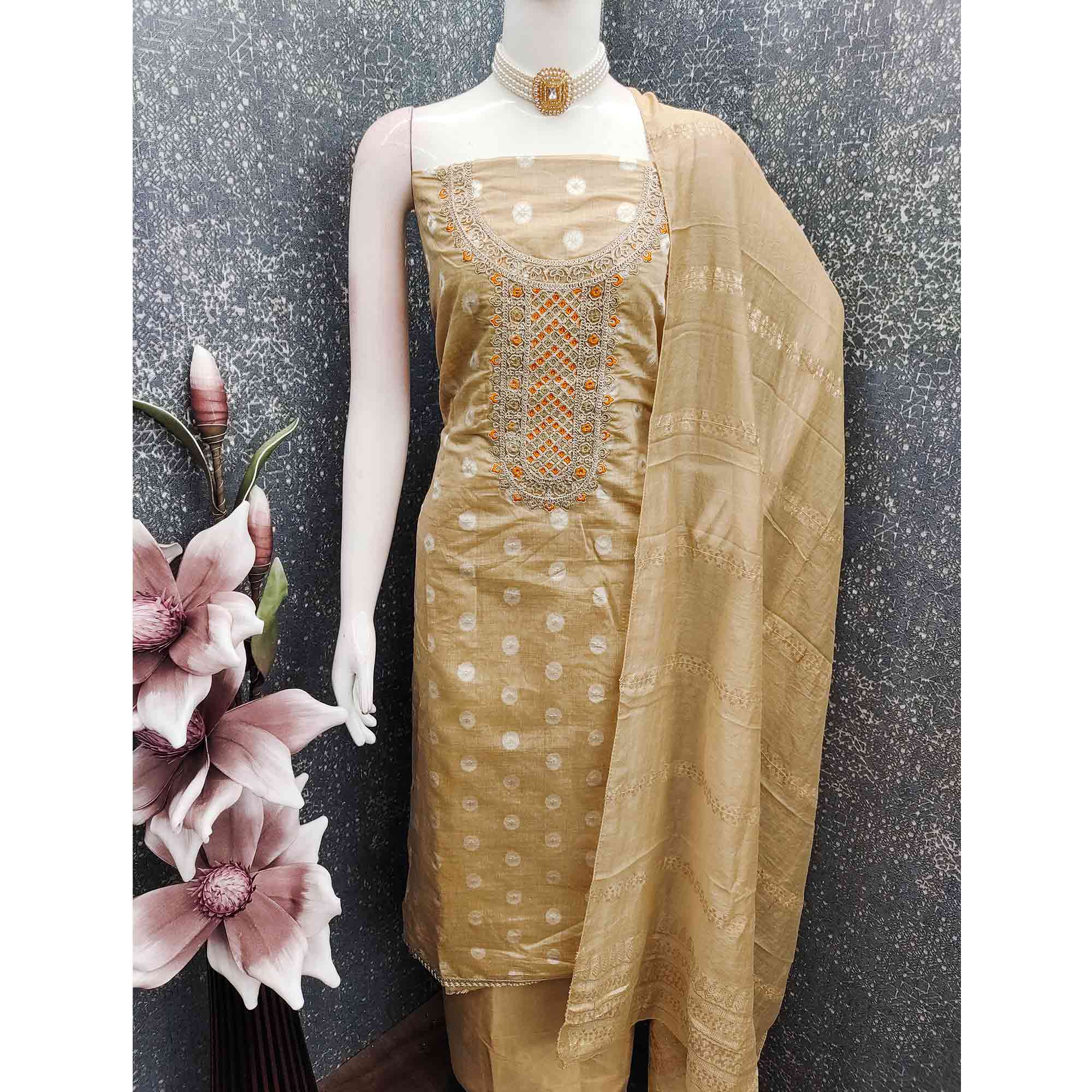Graceful Beige Jacquard Dress Material Featuring Floral Weaving & Sequins Cording Embroidery
