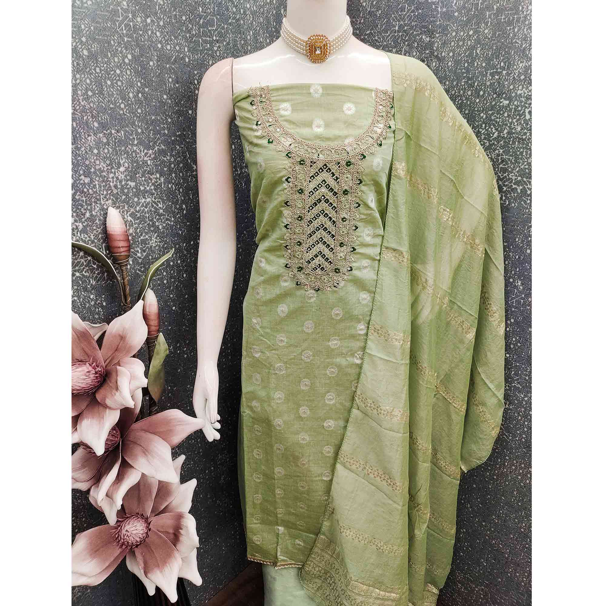 Graceful Pista Green Jacquard Dress Material Featuring Floral Weaving & Sequins Cording Embroidery