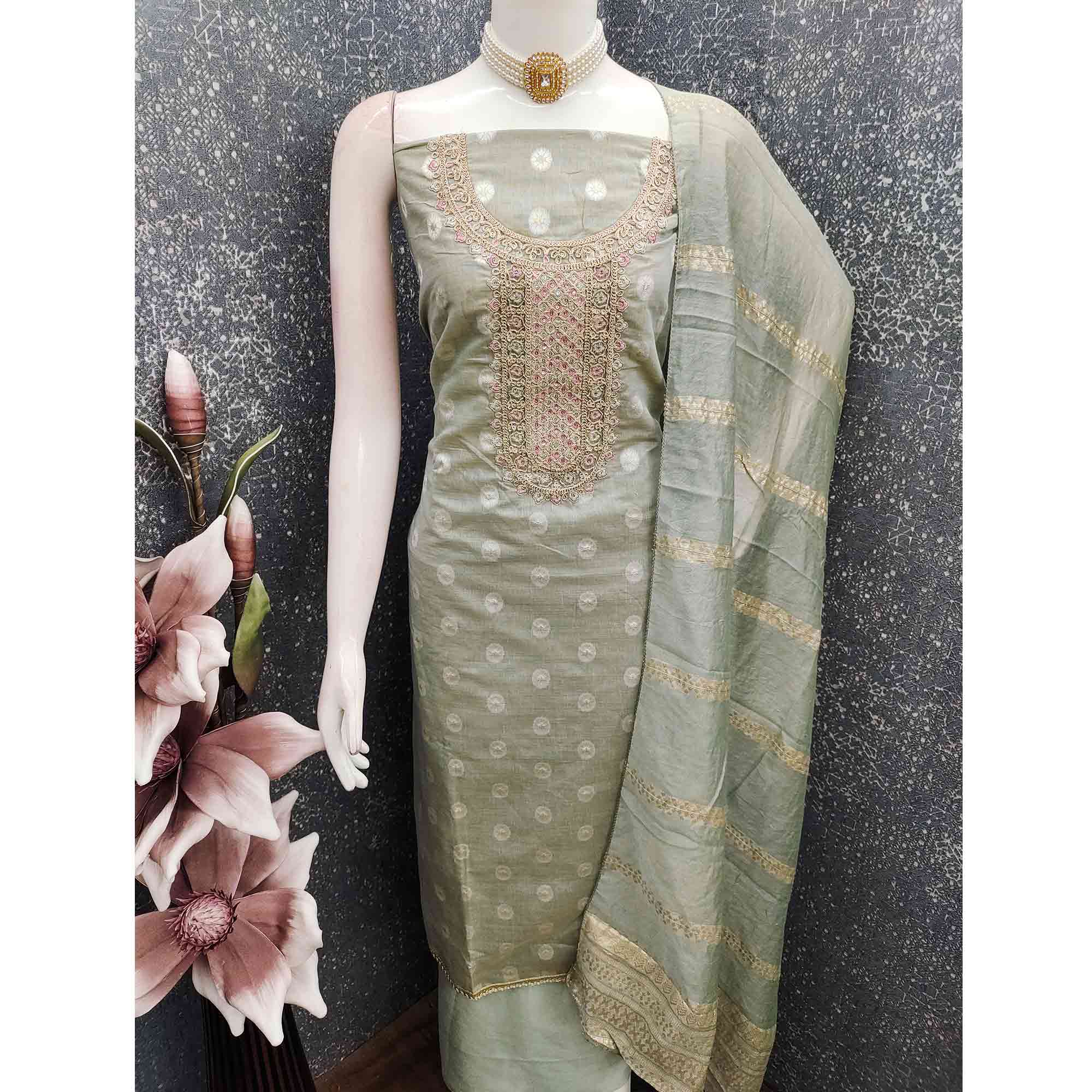 Graceful Sage Green Jacquard Dress Material Featuring Floral Weaving & Sequins Cording Embroidery