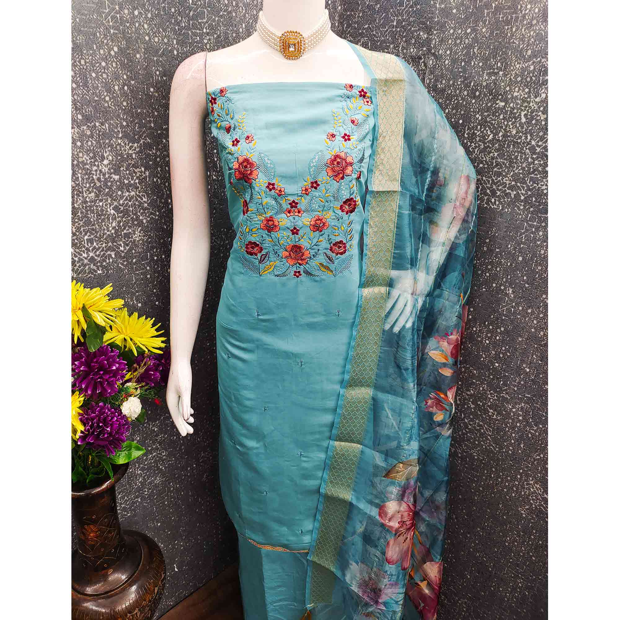 Majestic Blue Bloom Floral Thread & Sequins Embroidered Roman Cotton Silk Dress Material
