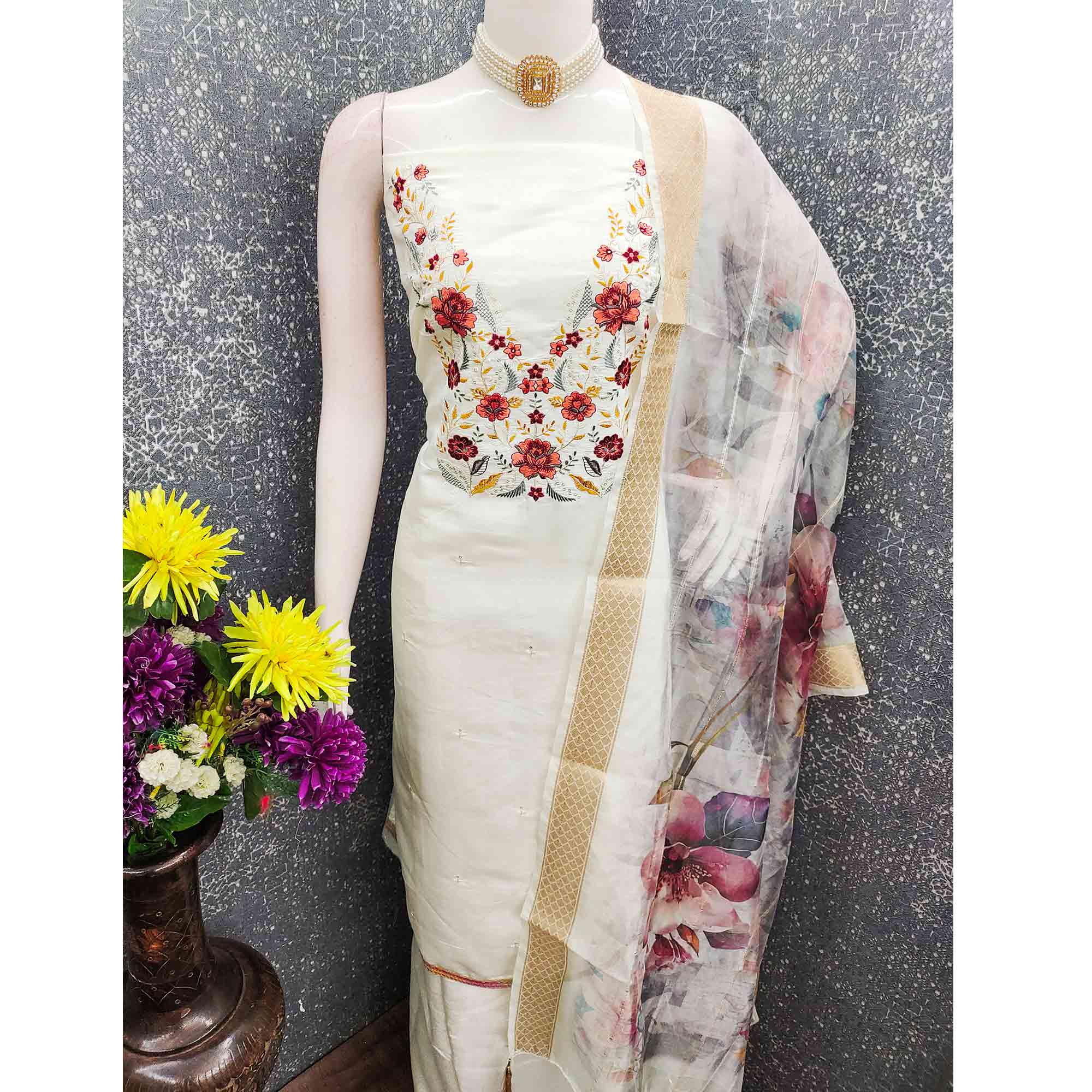Majestic White Bloom Floral Thread & Sequins Embroidered Roman Cotton Silk Dress Material