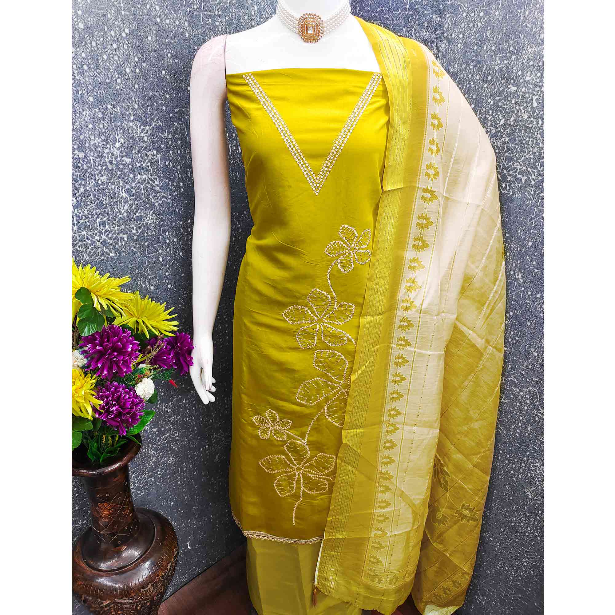 Sophisticated Green Floral Embroidered Roman Cotton Silk Dress Material With Shimmering Sequins