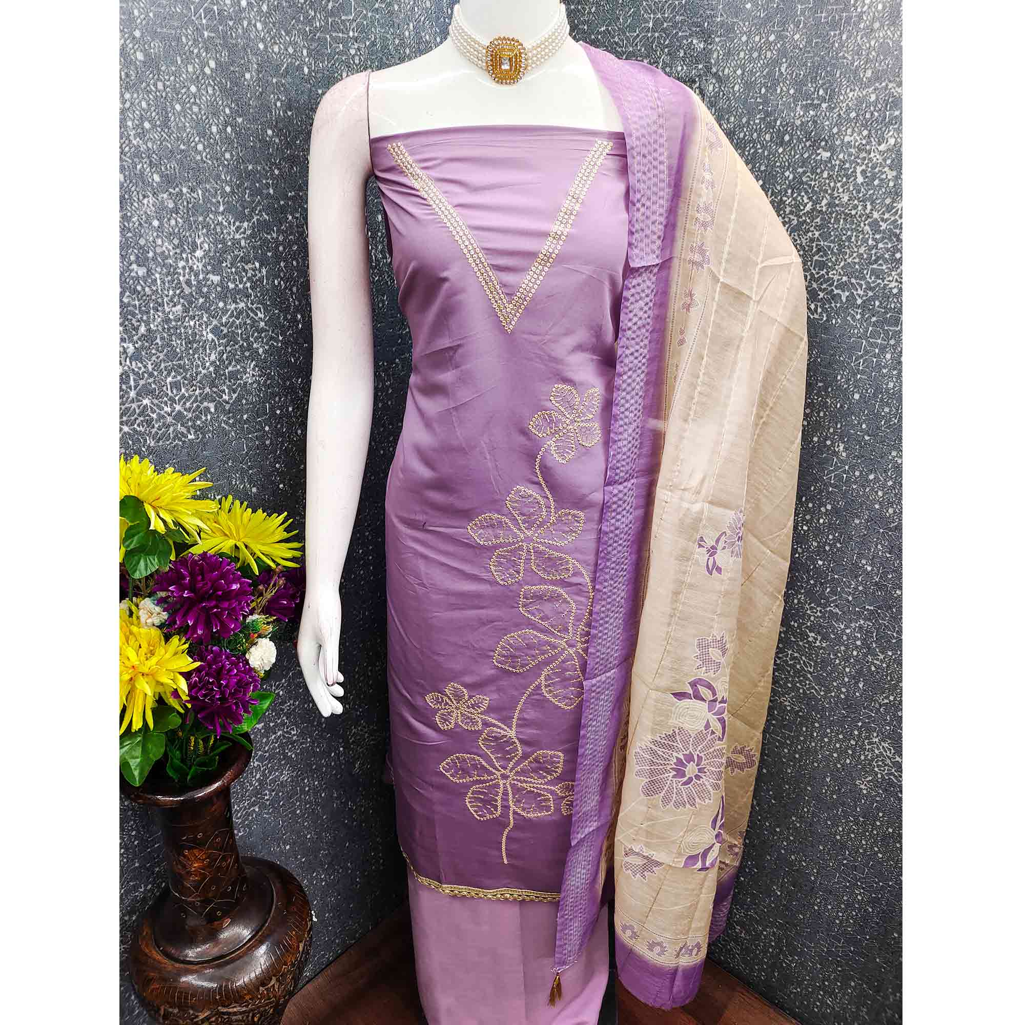 Sophisticated Lavender Floral Embroidered Roman Cotton Silk Dress Material With Shimmering Sequins