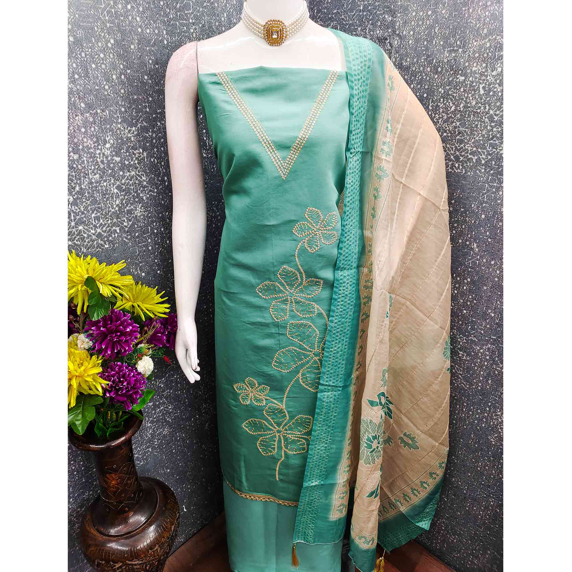 Sophisticated Turquoise Floral Embroidered Roman Cotton Silk Dress Material With Shimmering Sequins