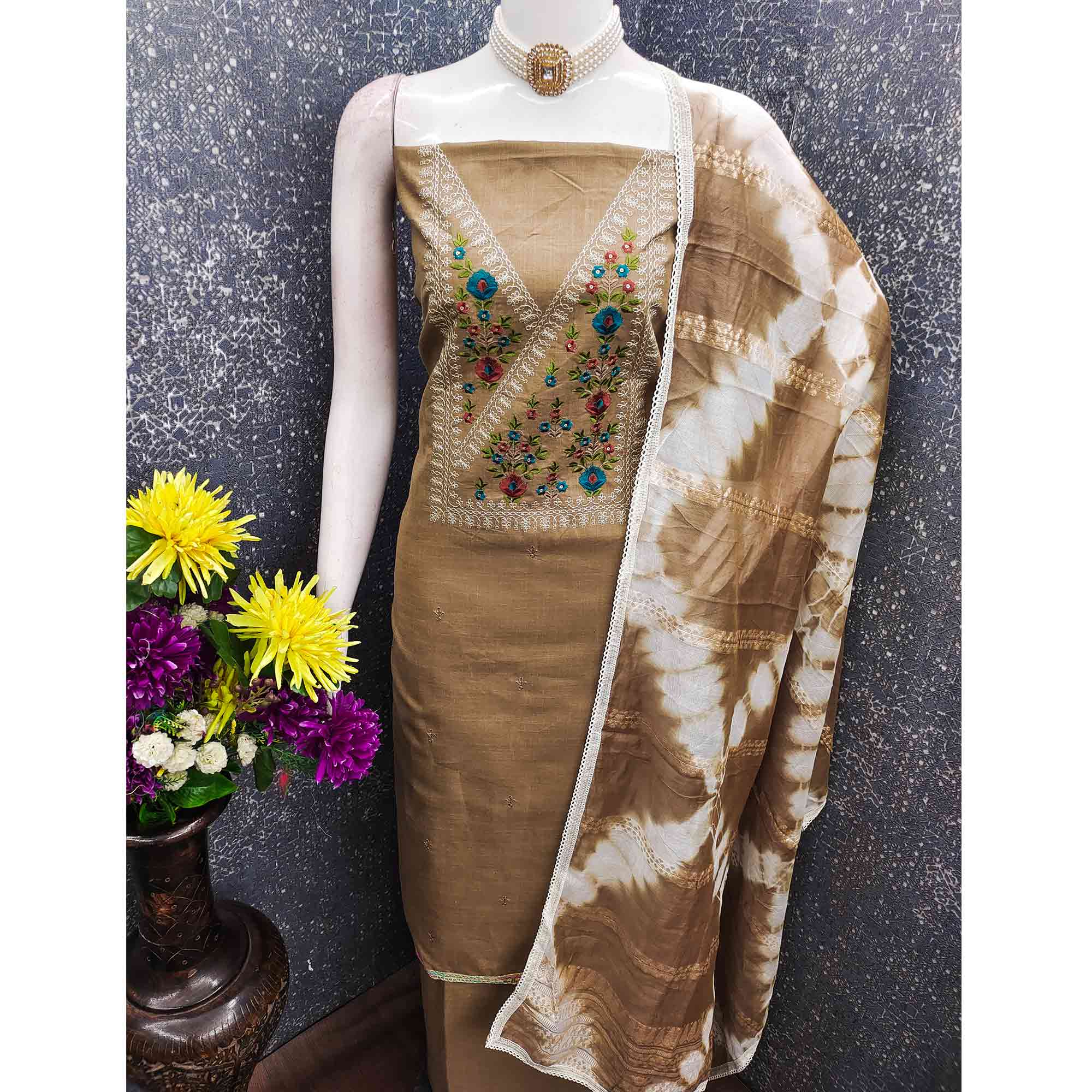 Opulent Grace Brown Cotton Blend Dress Material Adorned With Floral Thread & Sequins Work