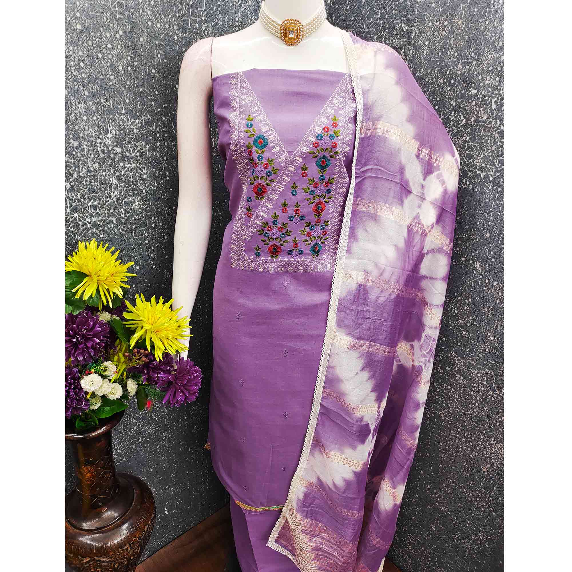 Opulent Grace Lavender Cotton Blend Dress Material Adorned With Floral Thread & Sequins Work