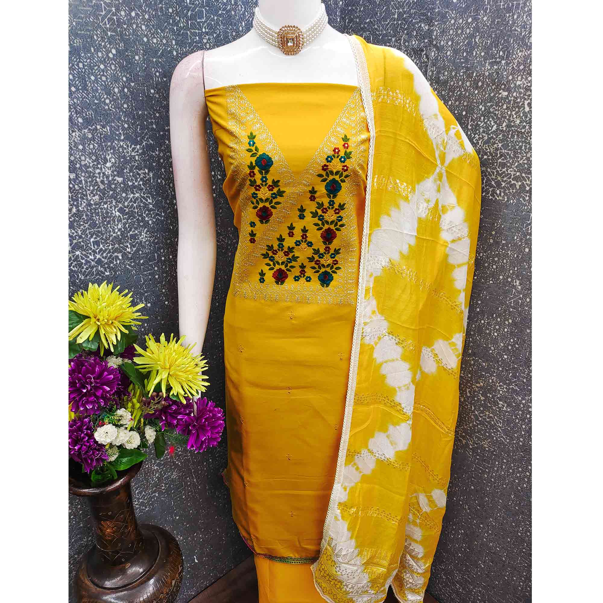 Opulent Grace Yellow Cotton Blend Dress Material Adorned With Floral Thread & Sequins Work