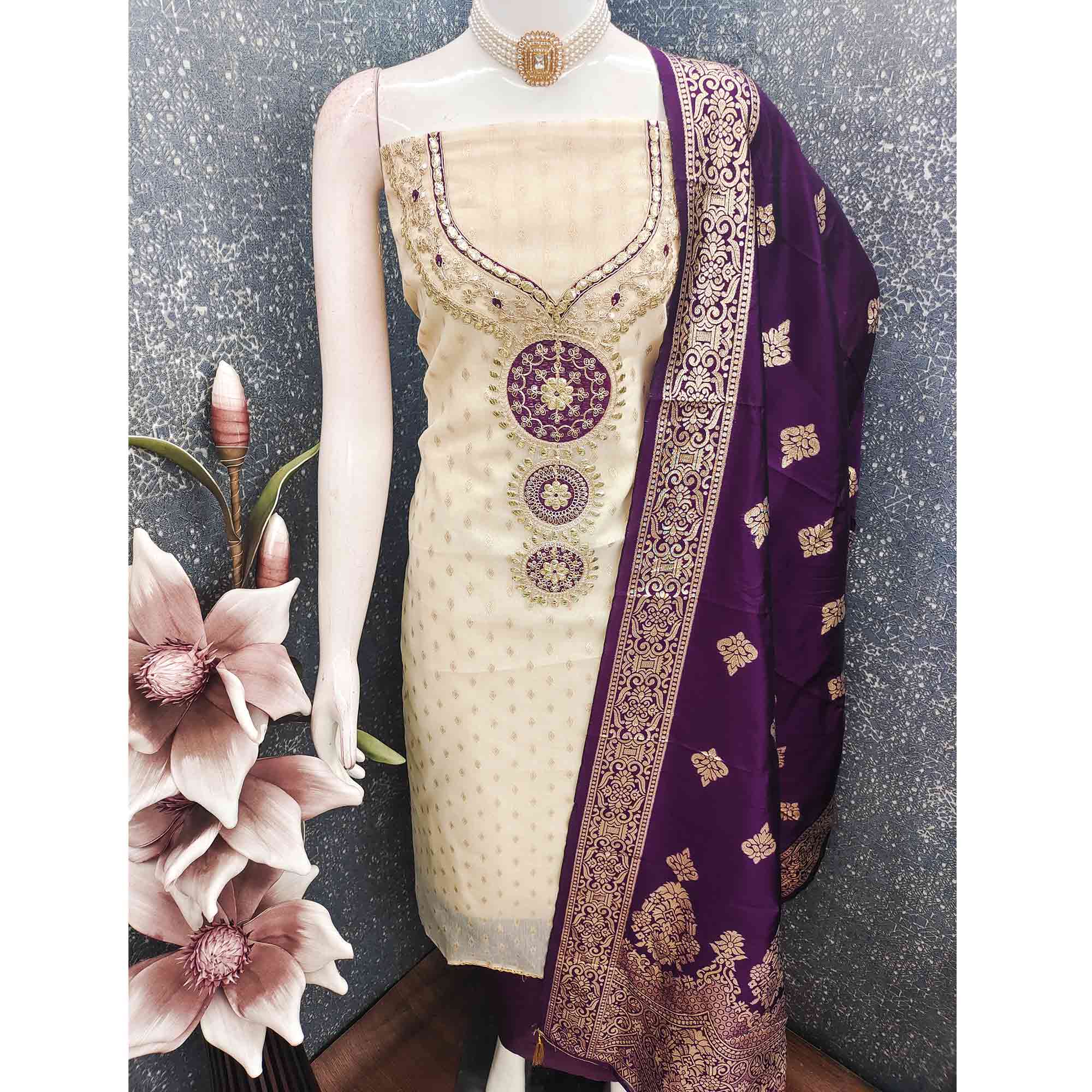 Cream & Purple Shimmer Dress Material Featuring Intricate Zari Weaving With Cording Embroidery