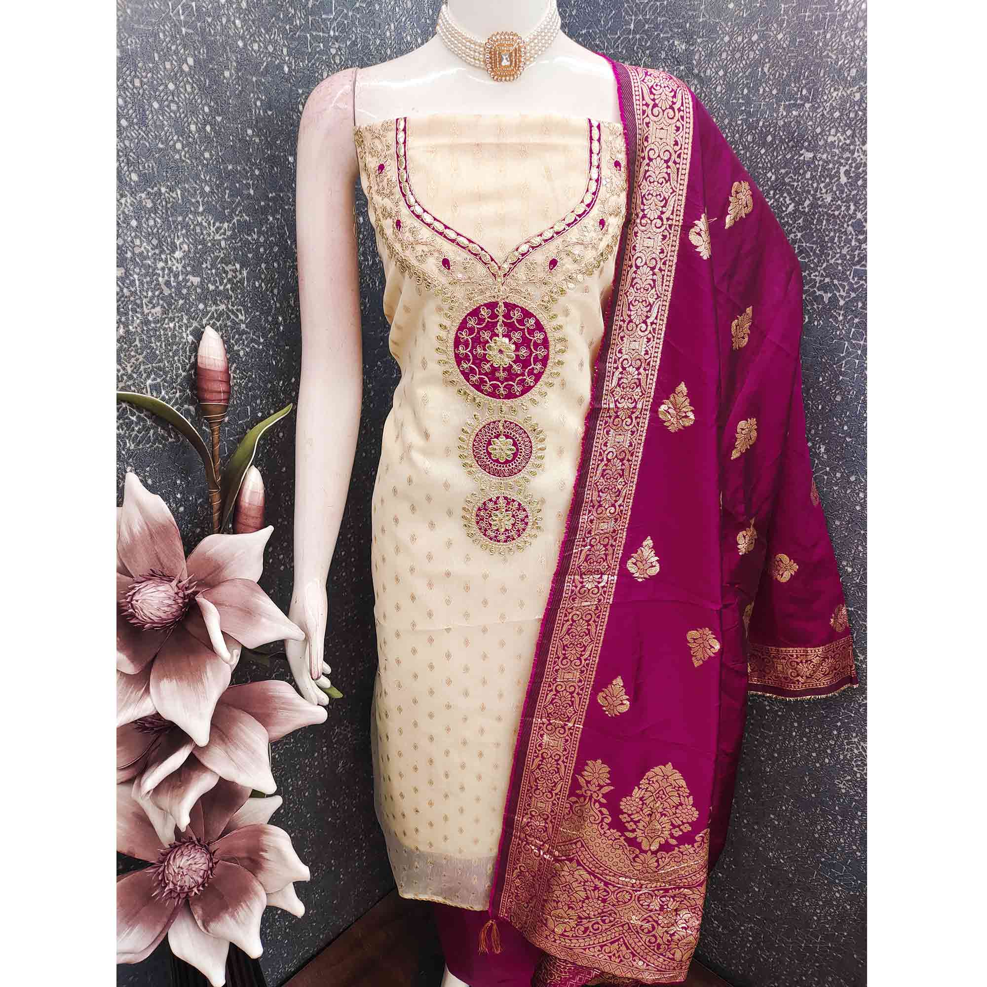 Cream & Wine Shimmer Dress Material Featuring Intricate Zari Weaving With Cording Embroidery
