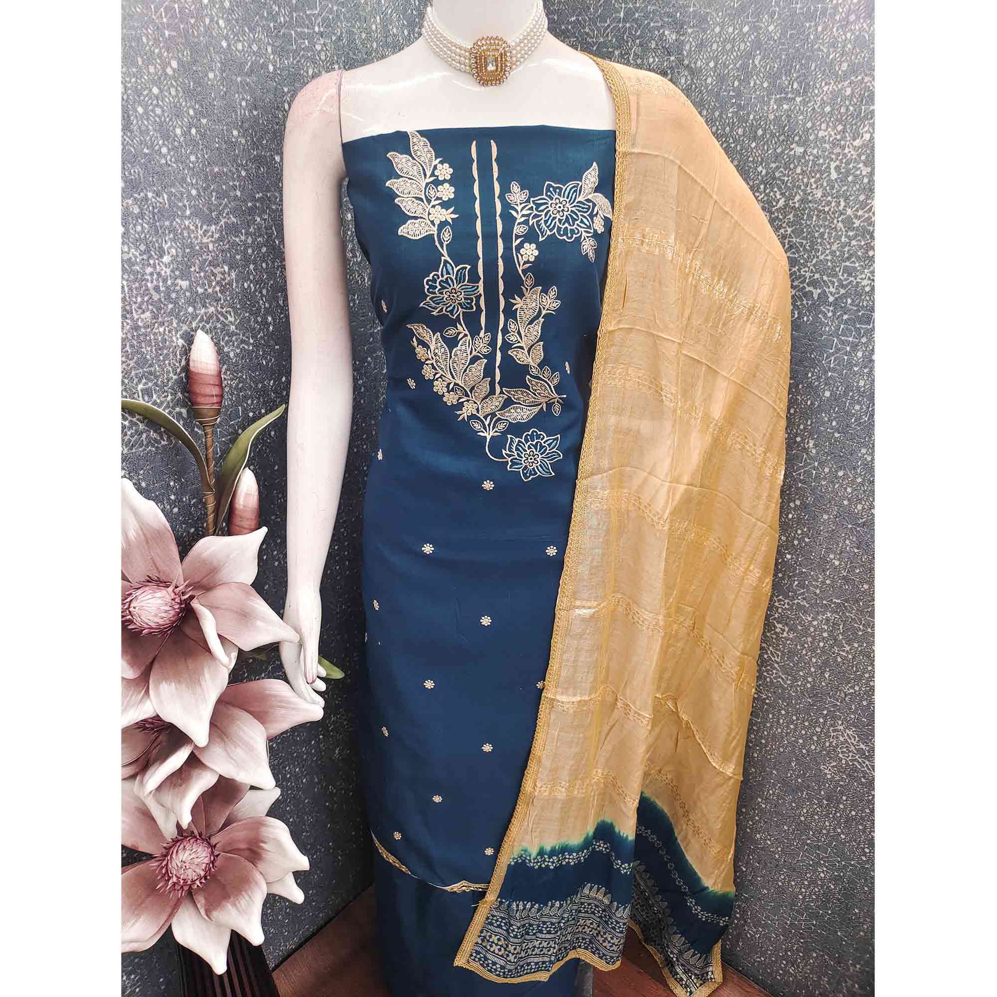 Blue Cotton Blend Dress Material Adorned With Elegant Floral Embroidery & Sequins Detailing