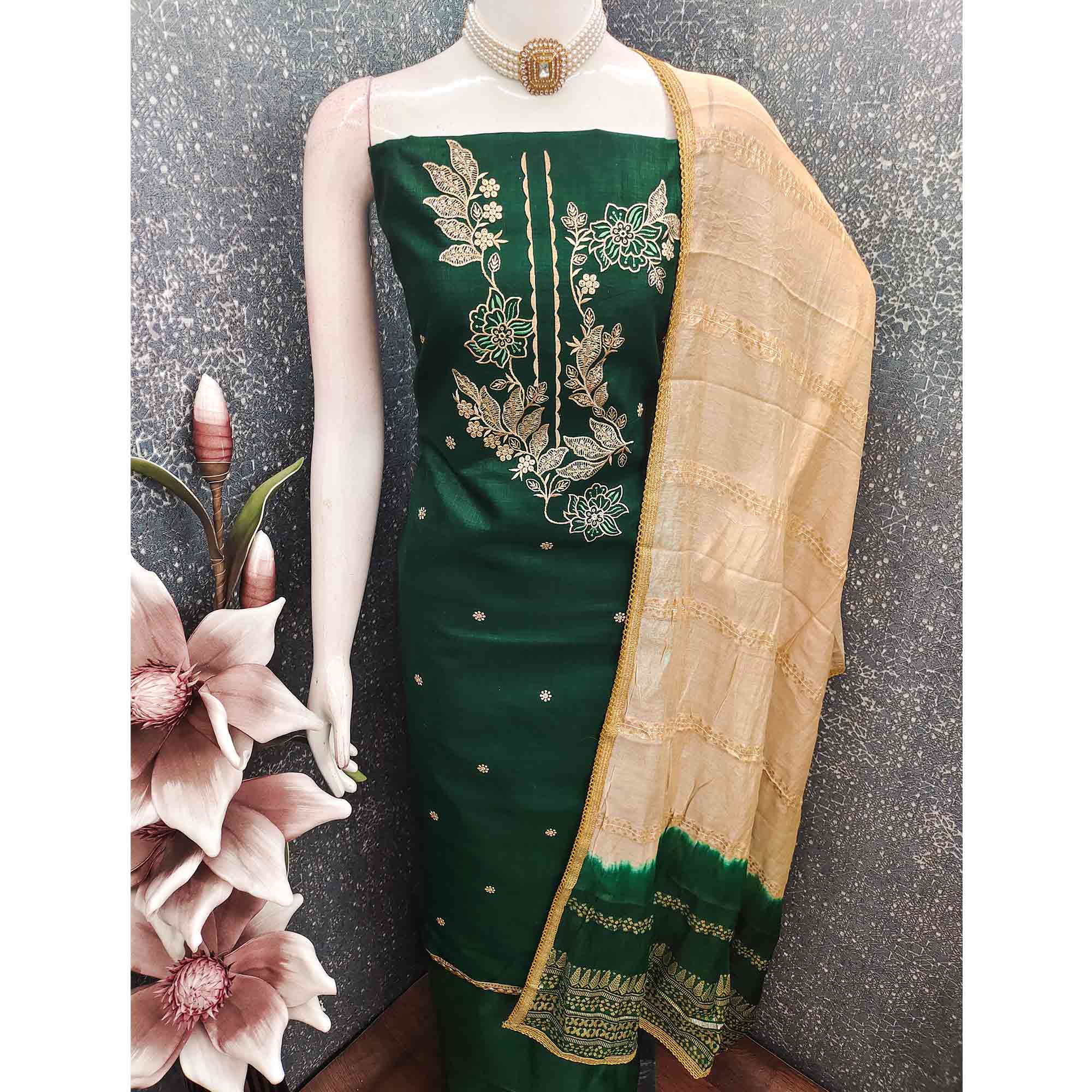 Green Cotton Blend Dress Material Adorned With Elegant Floral Embroidery & Sequins Detailing
