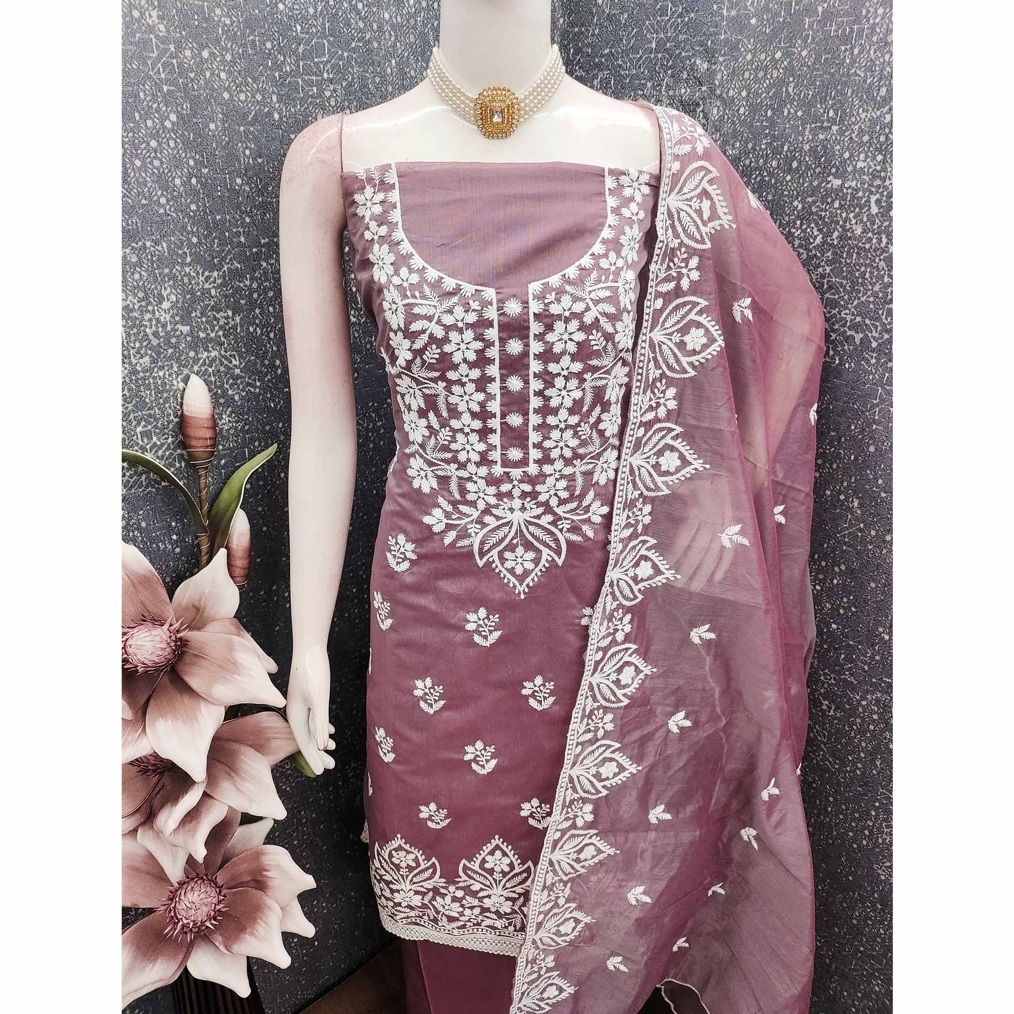 Designer Mauve Floral Thread Embroidered Chanderi Cotton Dress Material