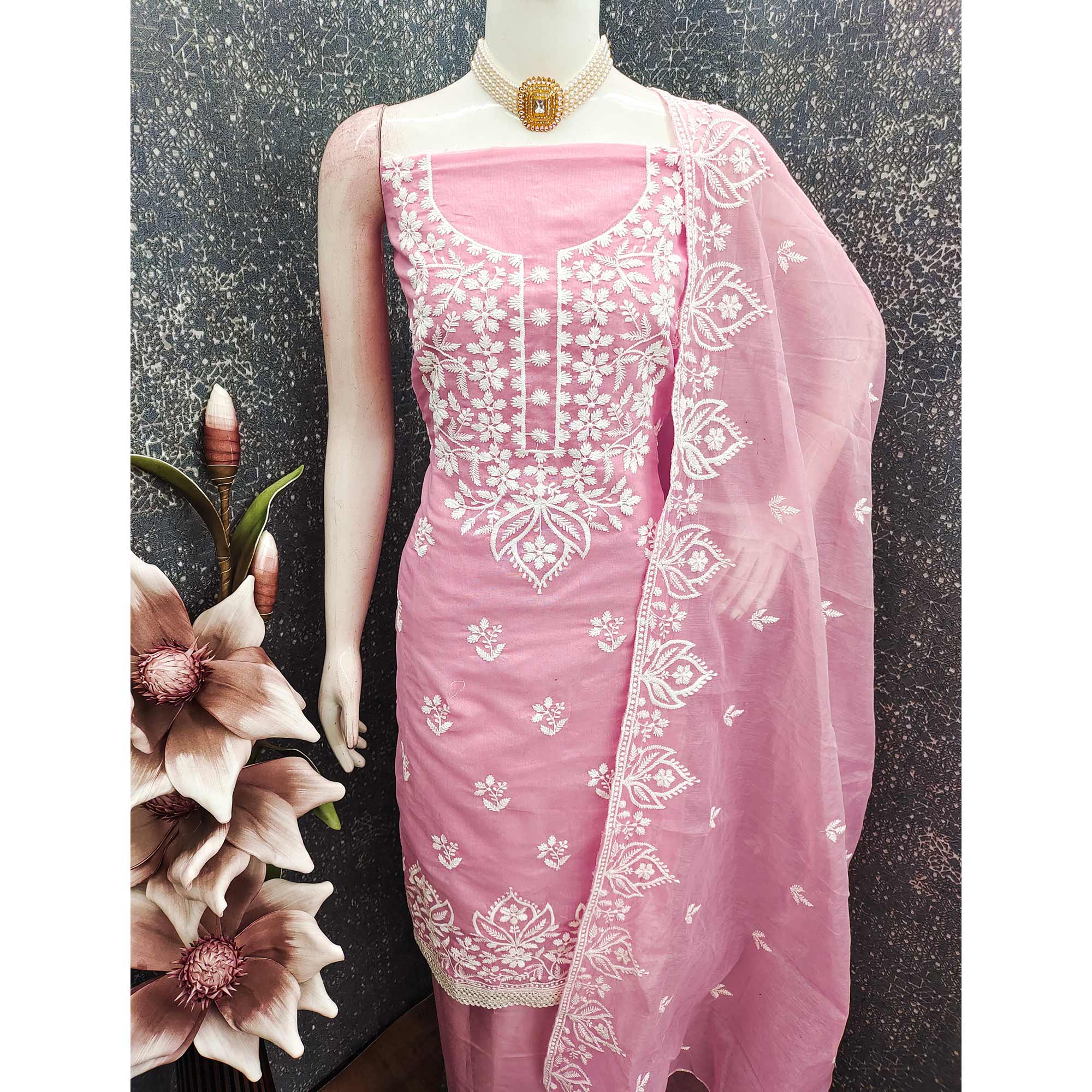 Designer Pink Floral Thread Embroidered Chanderi Cotton Dress Material