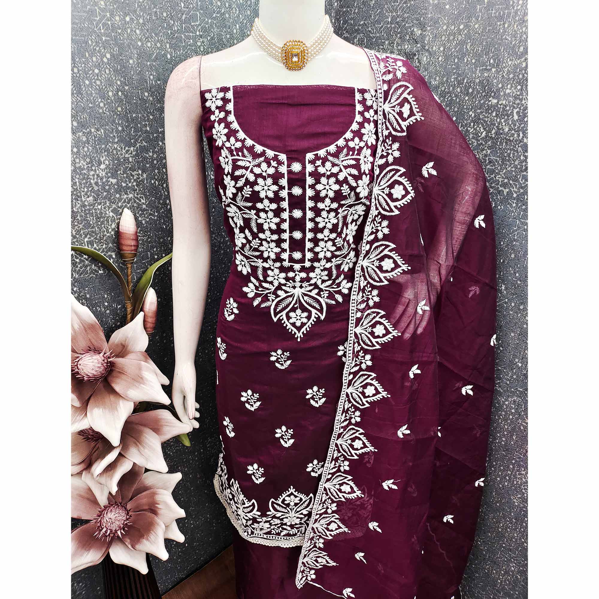 Designer Wine Floral Thread Embroidered Chanderi Cotton Dress Material