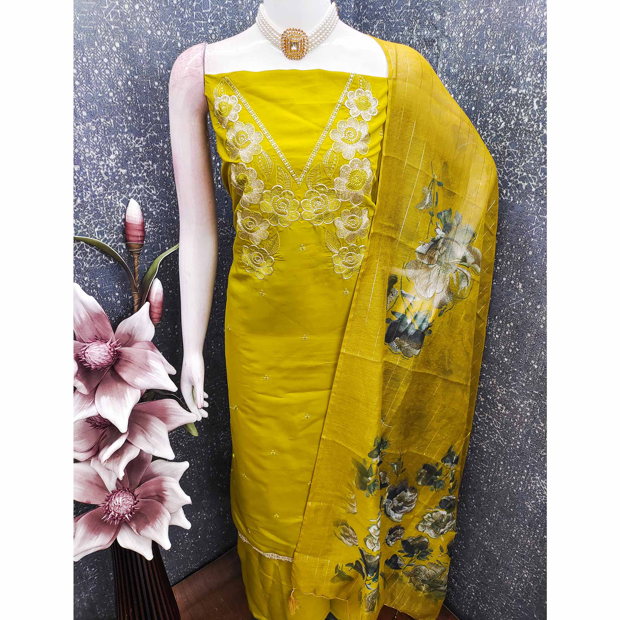 Ethnic Mustard Floral Thread Embroidered Roman Cotton Silk Dress Material With Subtle Sequins Work