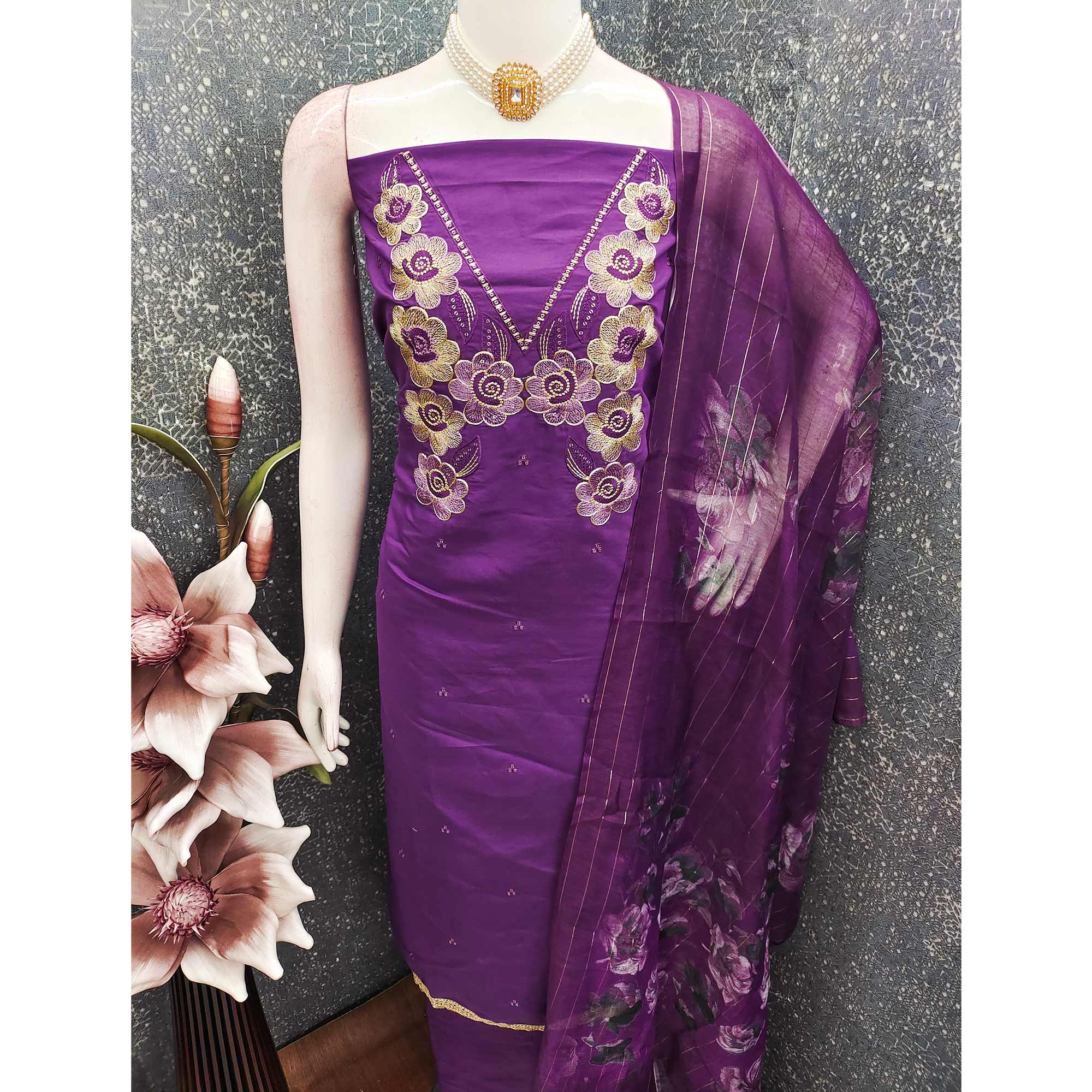 Ethnic Purple Floral Thread Embroidered Roman Cotton Silk Dress Material With Subtle Sequins Work