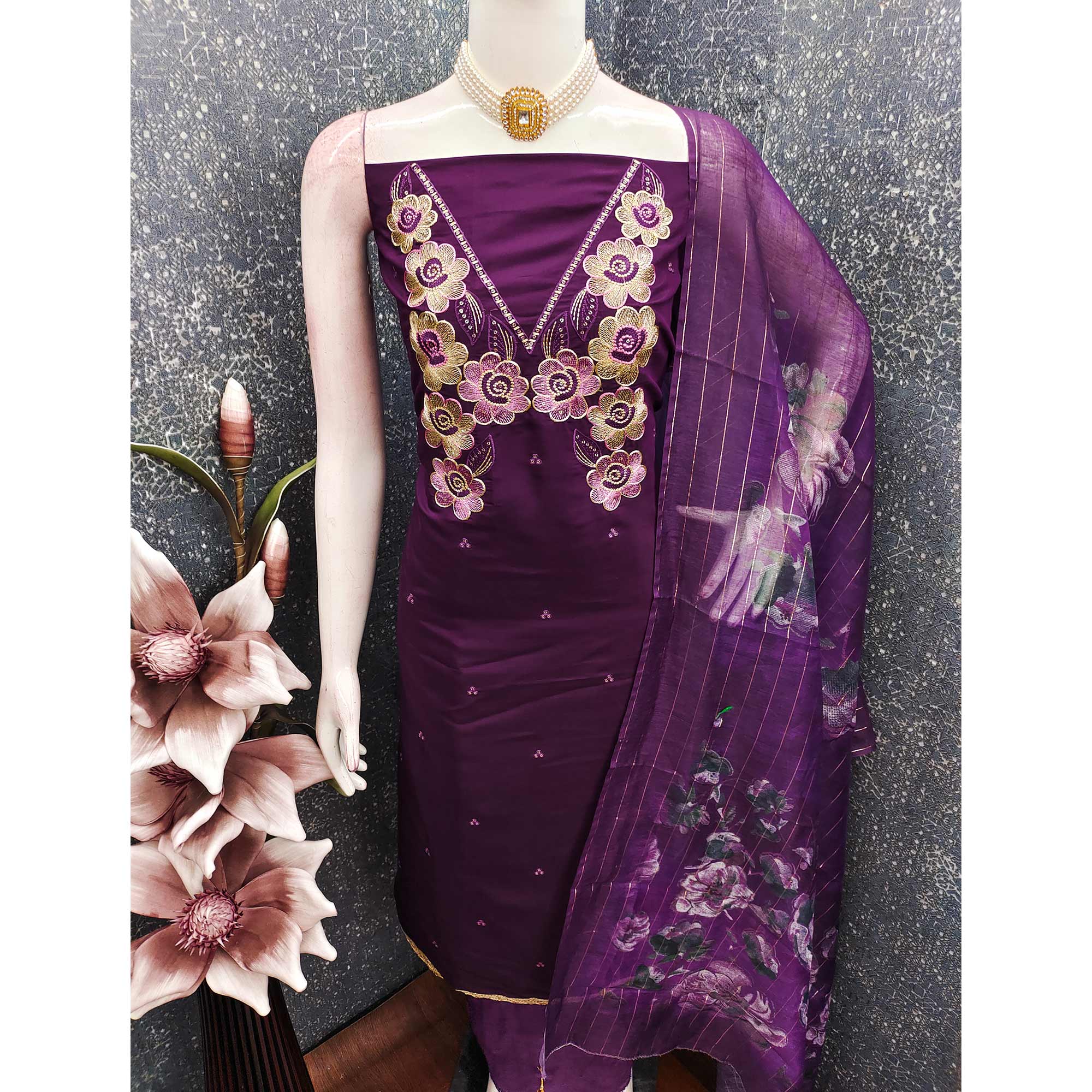 Ethnic Wine Floral Thread Embroidered Roman Cotton Silk Dress Material With Subtle Sequins Work