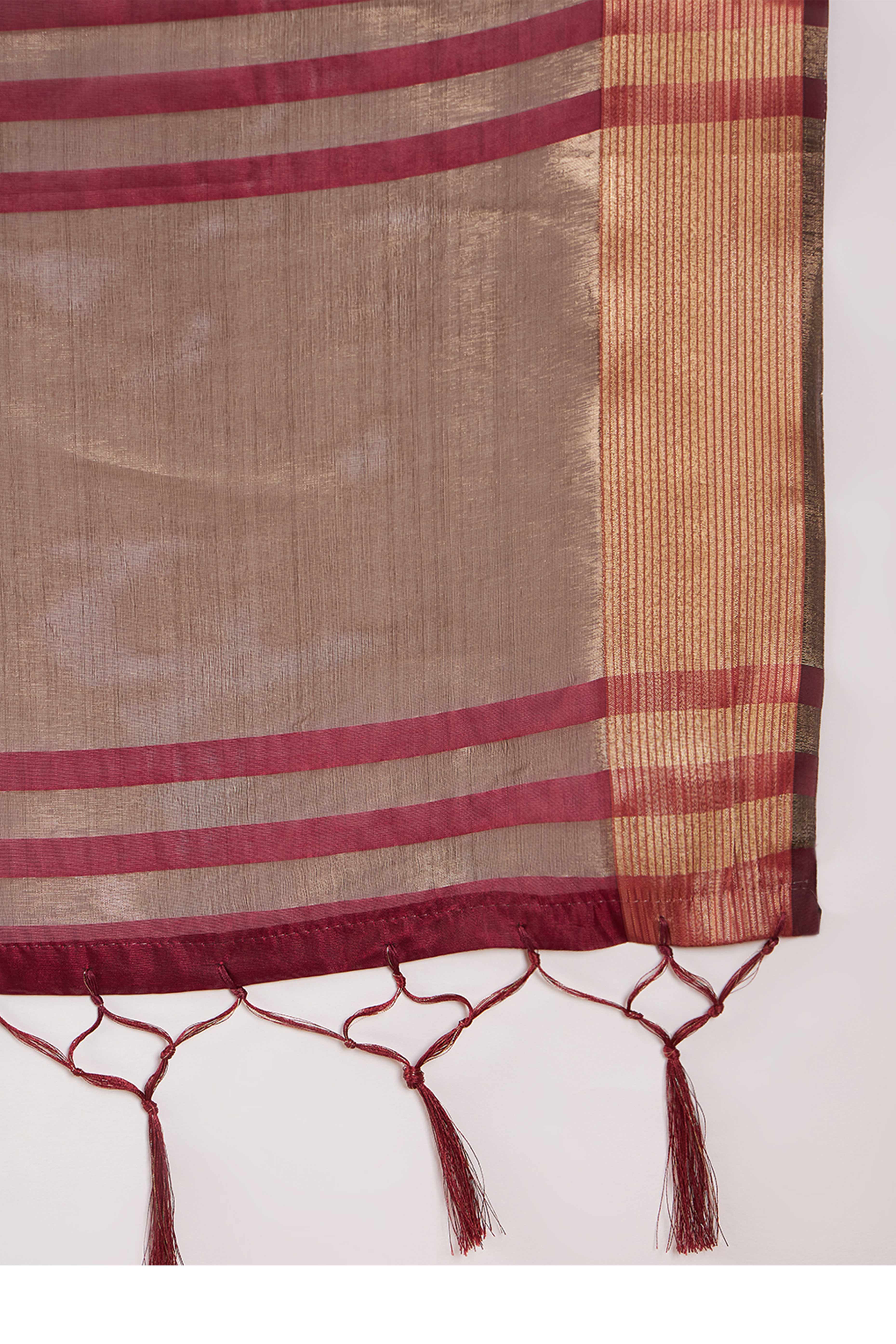 Maroon Organza Saree In Organza With Delicate Weaving Border And Tassel Details