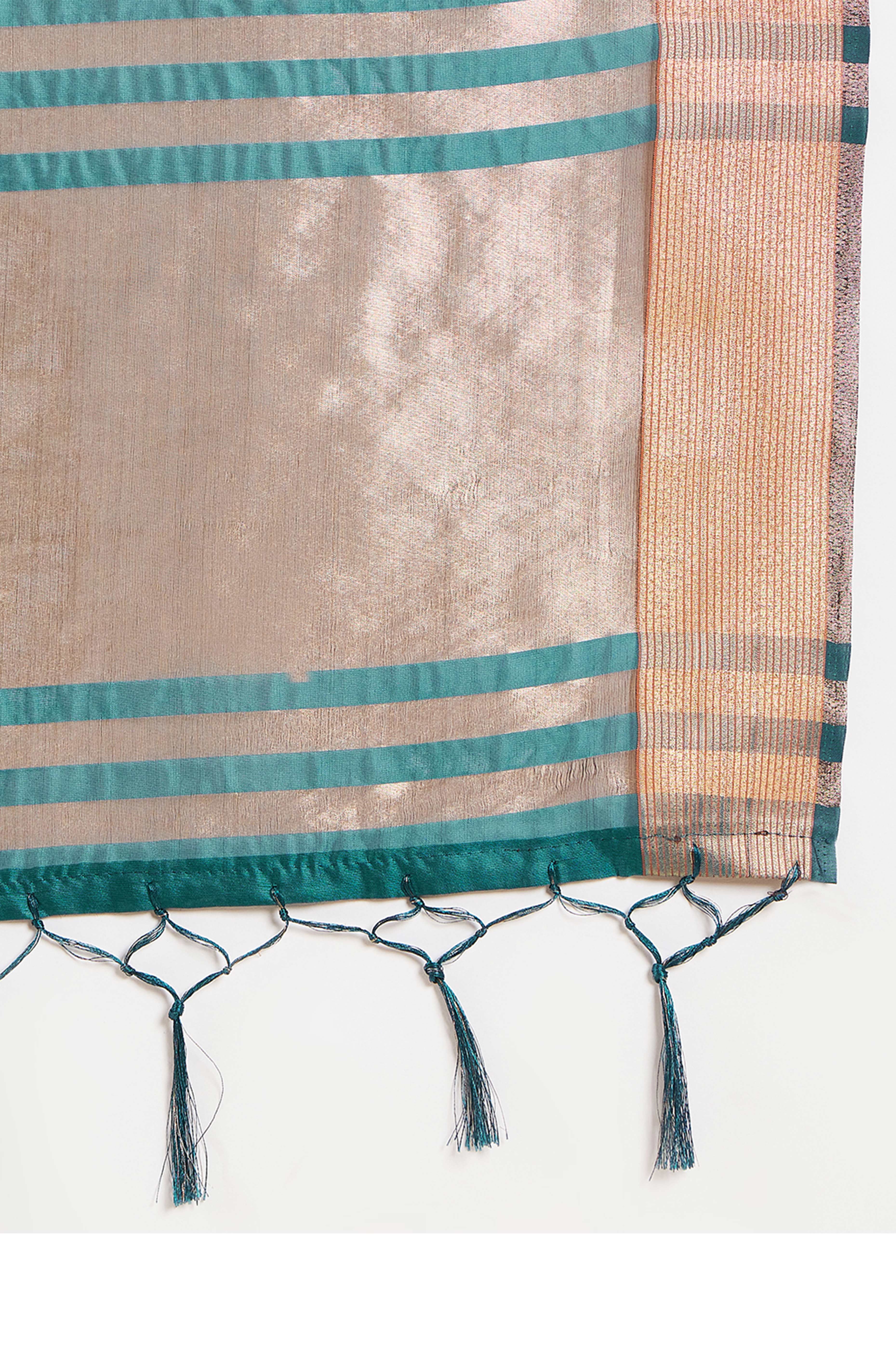 Teal Organza Saree In Organza With Delicate Weaving Border And Tassel Details