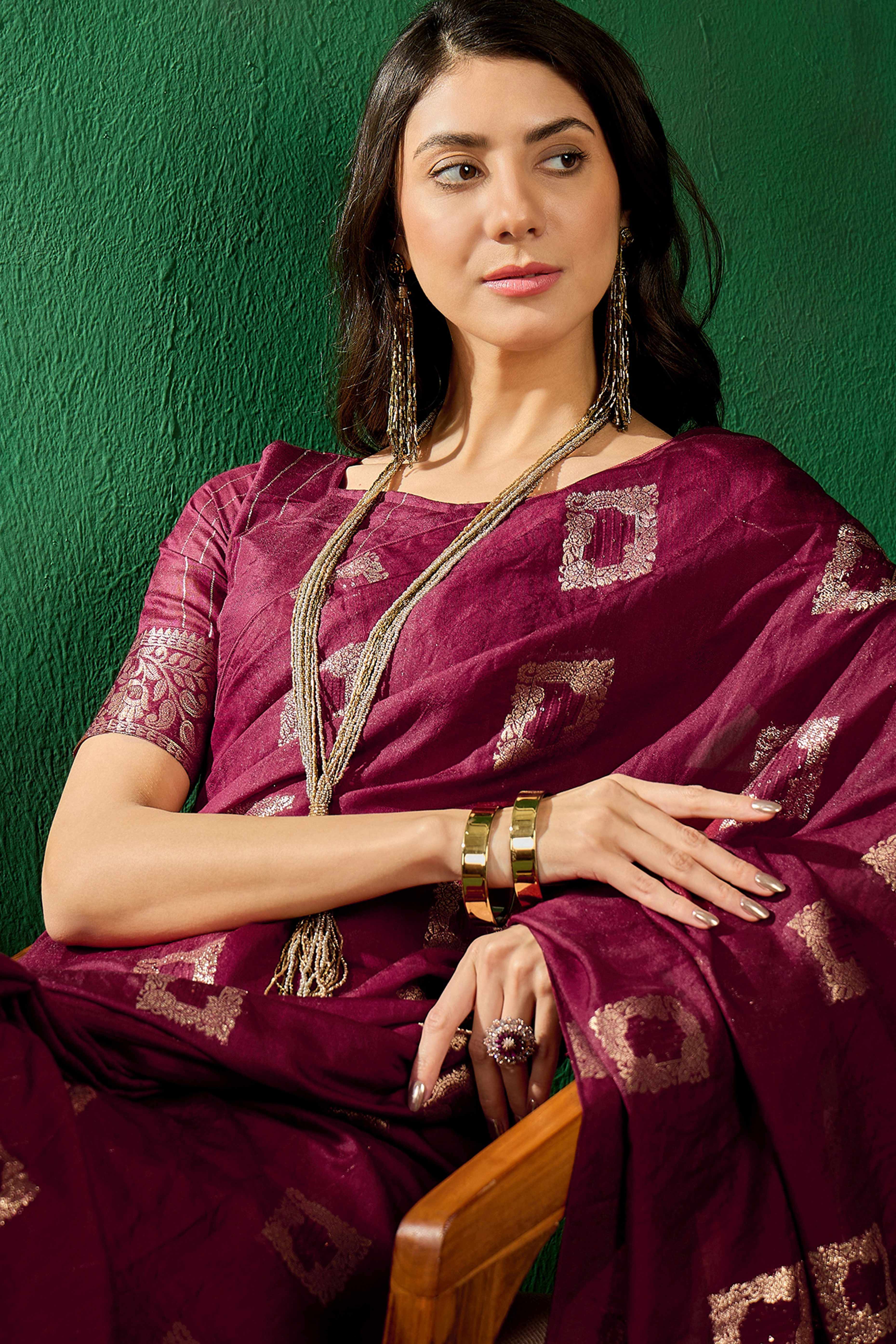 Dark Wine Woven Staple Cotton Blend Saree With Intricate Floral Motifs & Tassel-Embellished Pallu