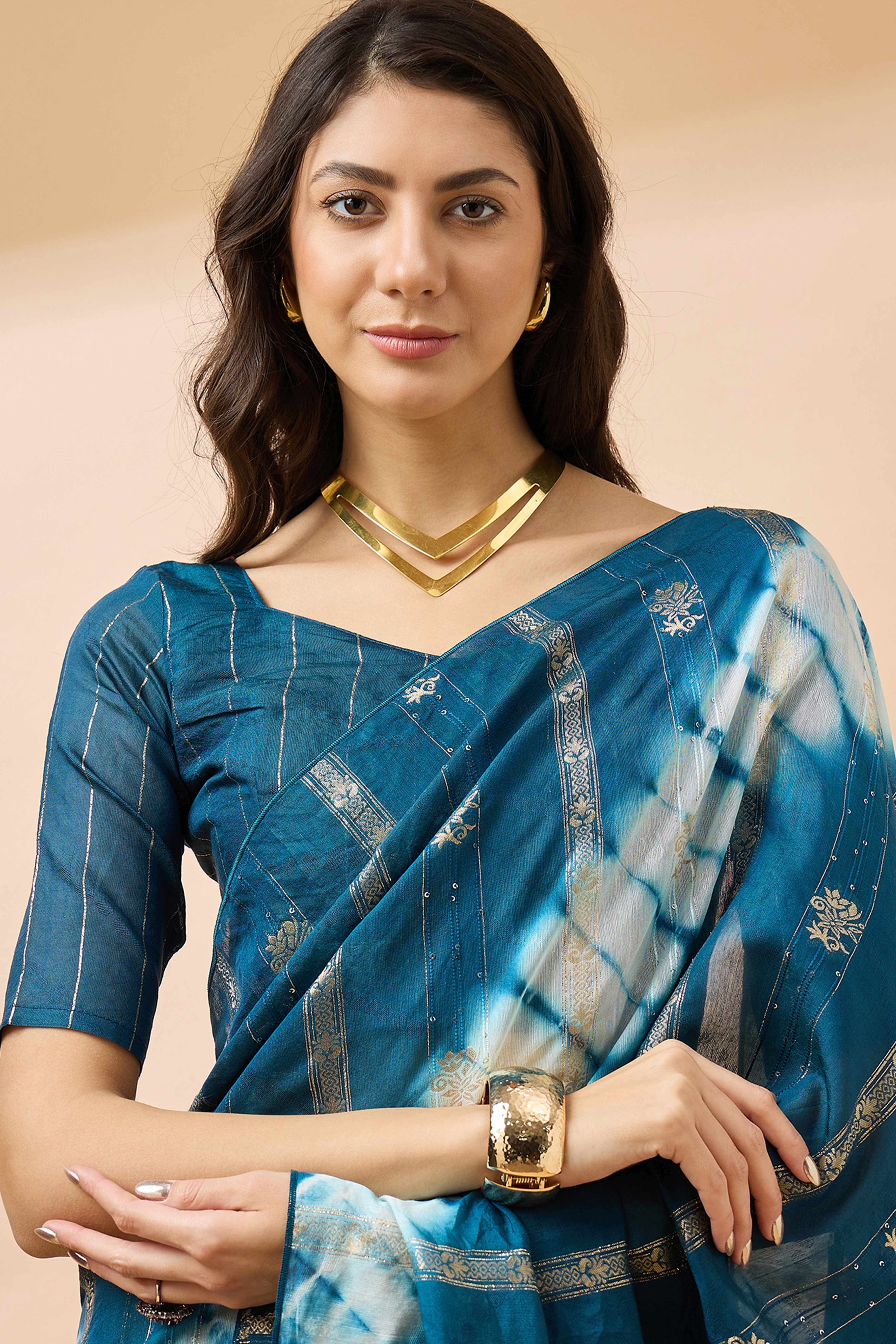 Blue Floral Woven Staple Cotton Blend Saree Highlighted With Sequins Embroidery & Tasselled Pallu