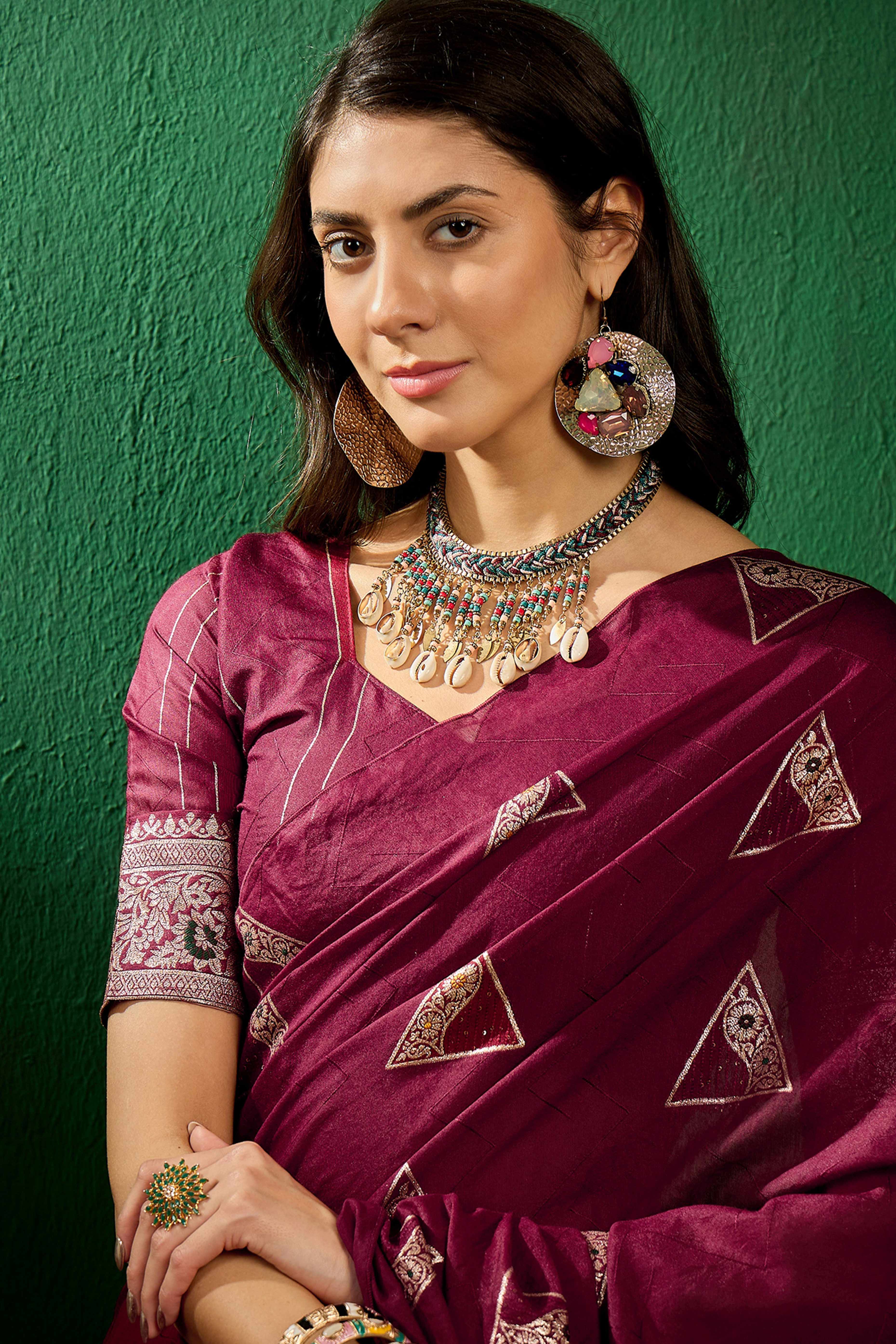 Wine Floral Woven Staple Cotton Blend Saree With Sparkling Sequin Embroidery & Graceful Tassel Pallu