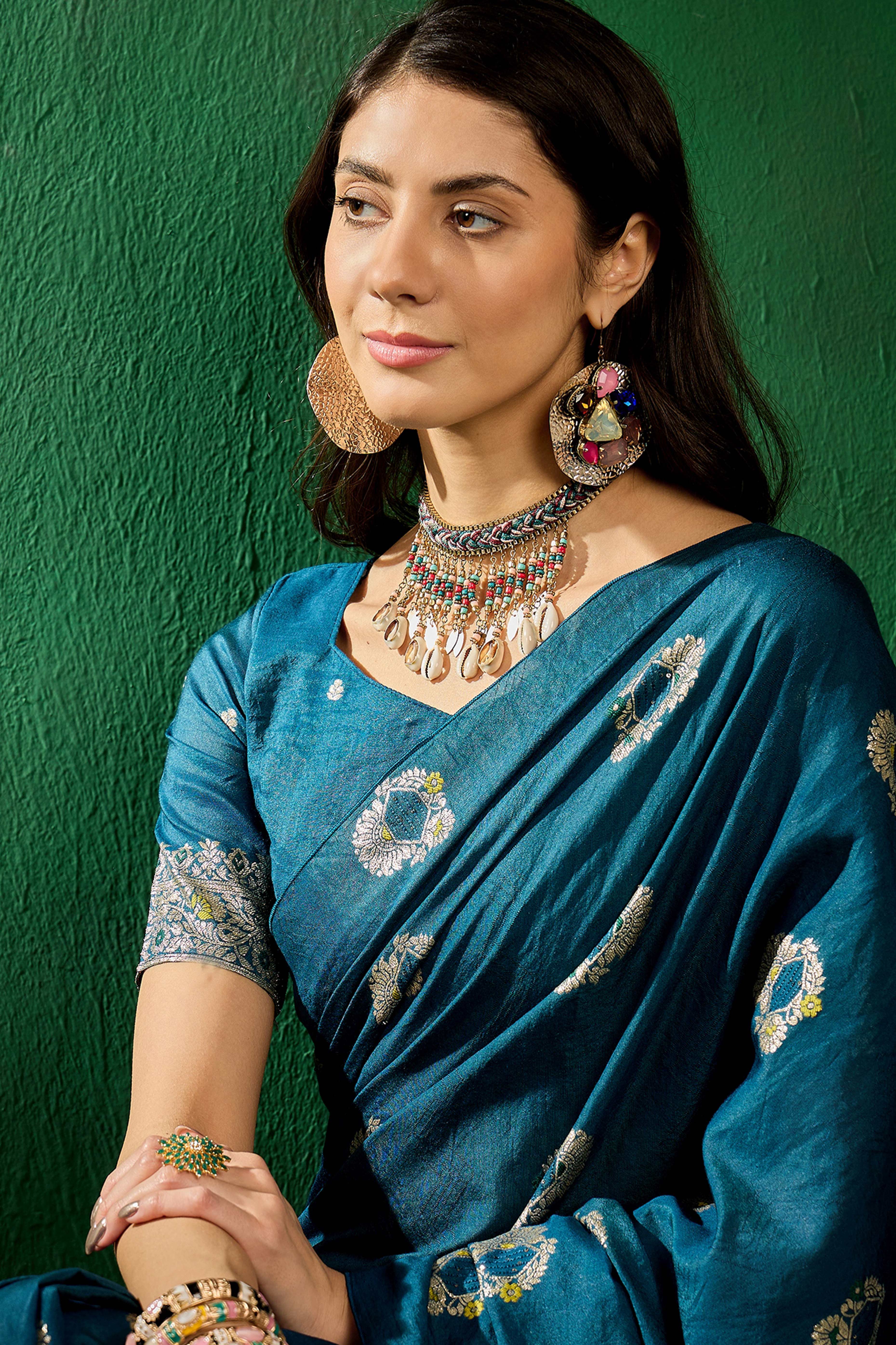 Morpich Blue Cotton Blend Meena Jacquard Saree Enhanced With Floral Weaving & Tassel Pallu