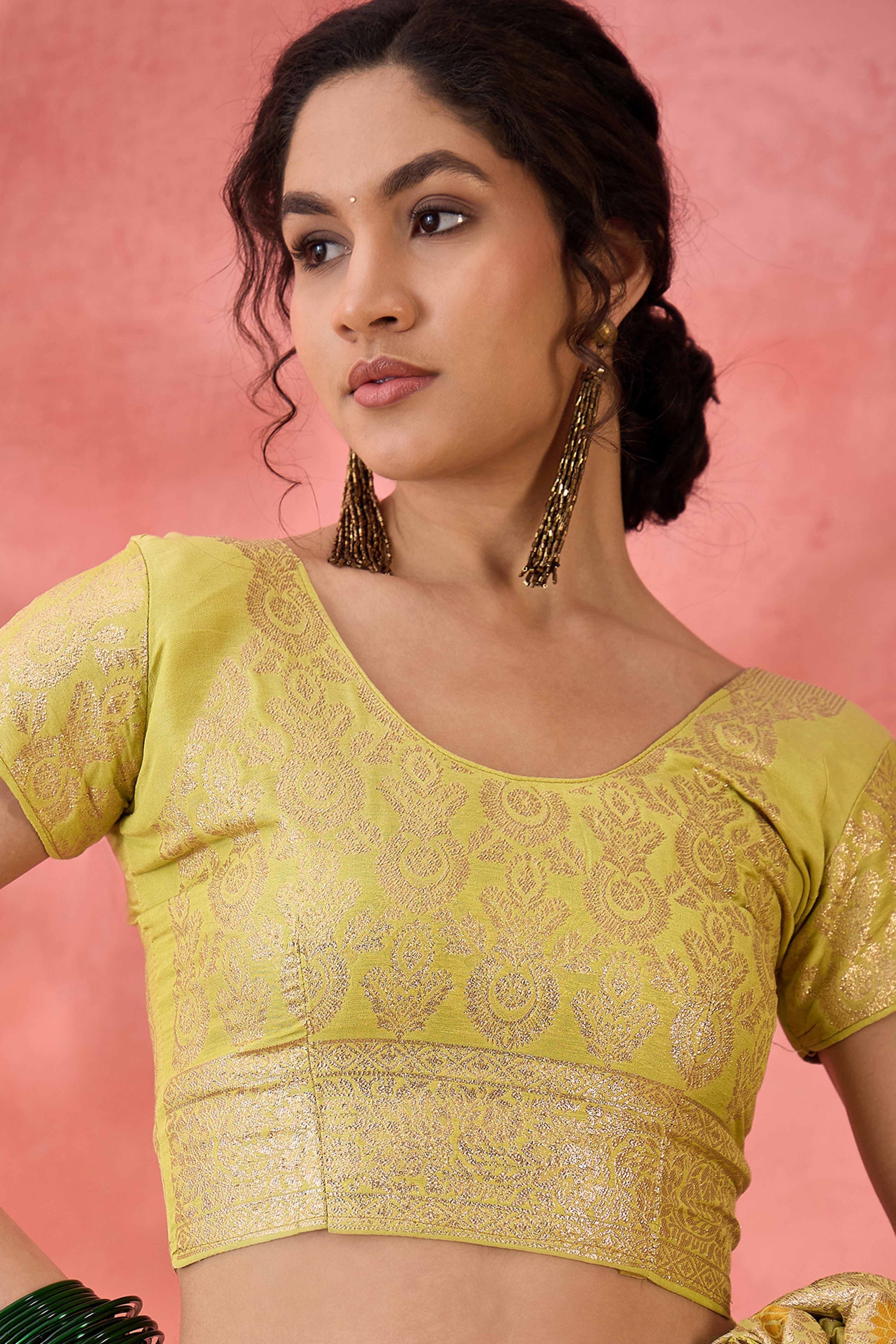 Light Yellow Cotton Blend Jacquard Saree Featuring Intricate Floral Weaving & Tassels On The Pallu