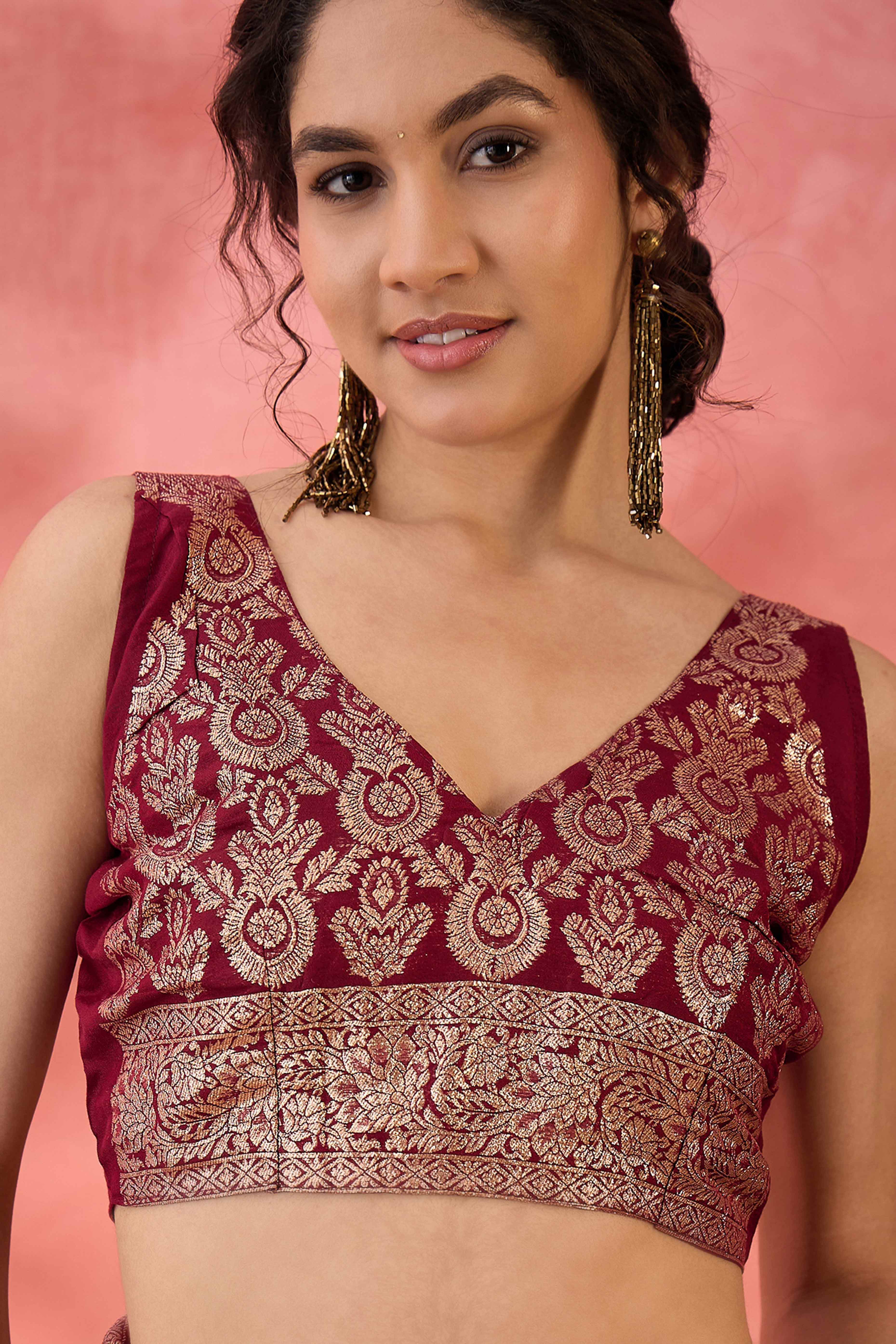 Maroon Cotton Meena jacquard Saree Featuring Intricate Floral Weaving & Tassels On The Pallu