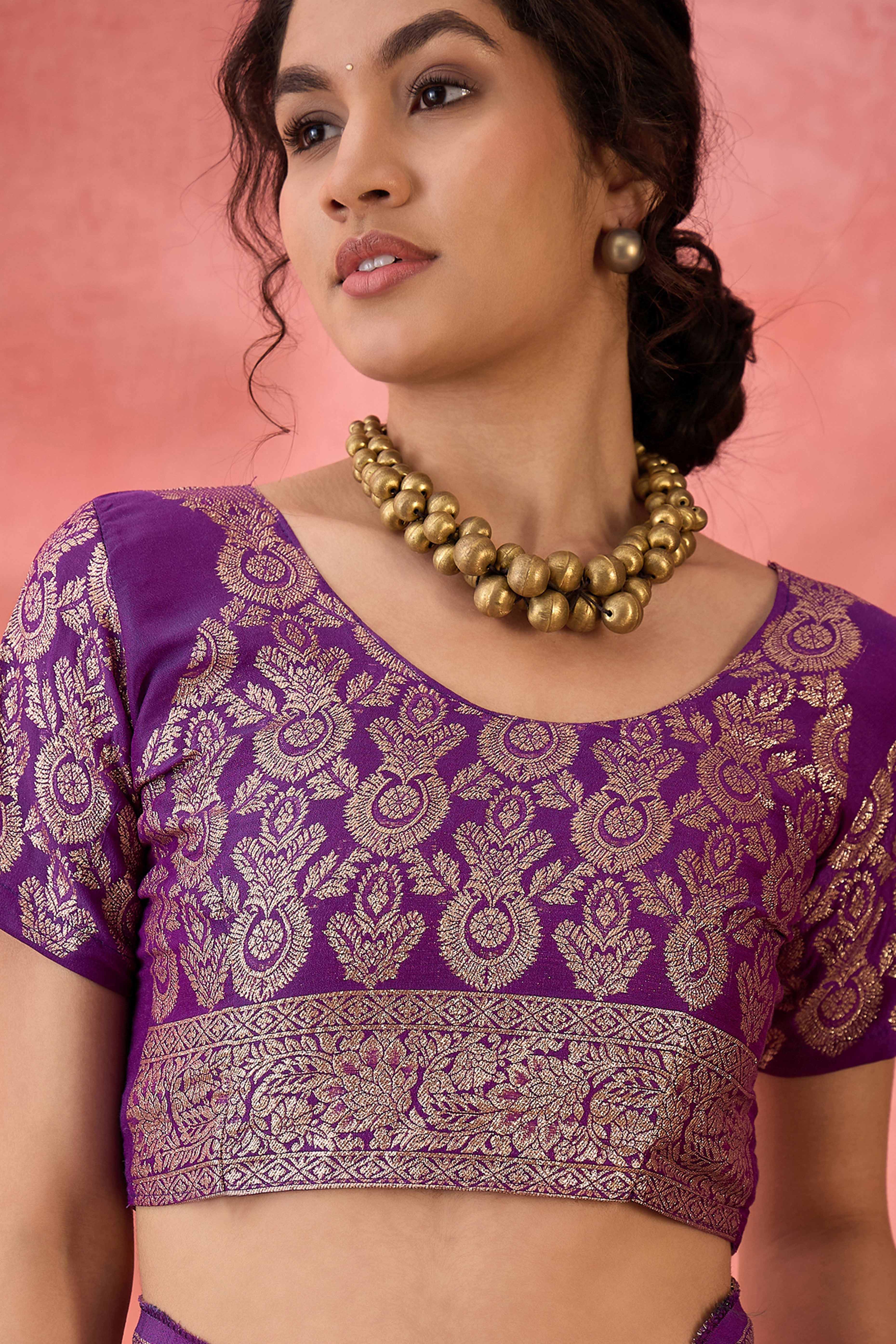 Purple Cotton Meena jacquard Saree Featuring Intricate Floral Weaving & Tassels On The Pallu