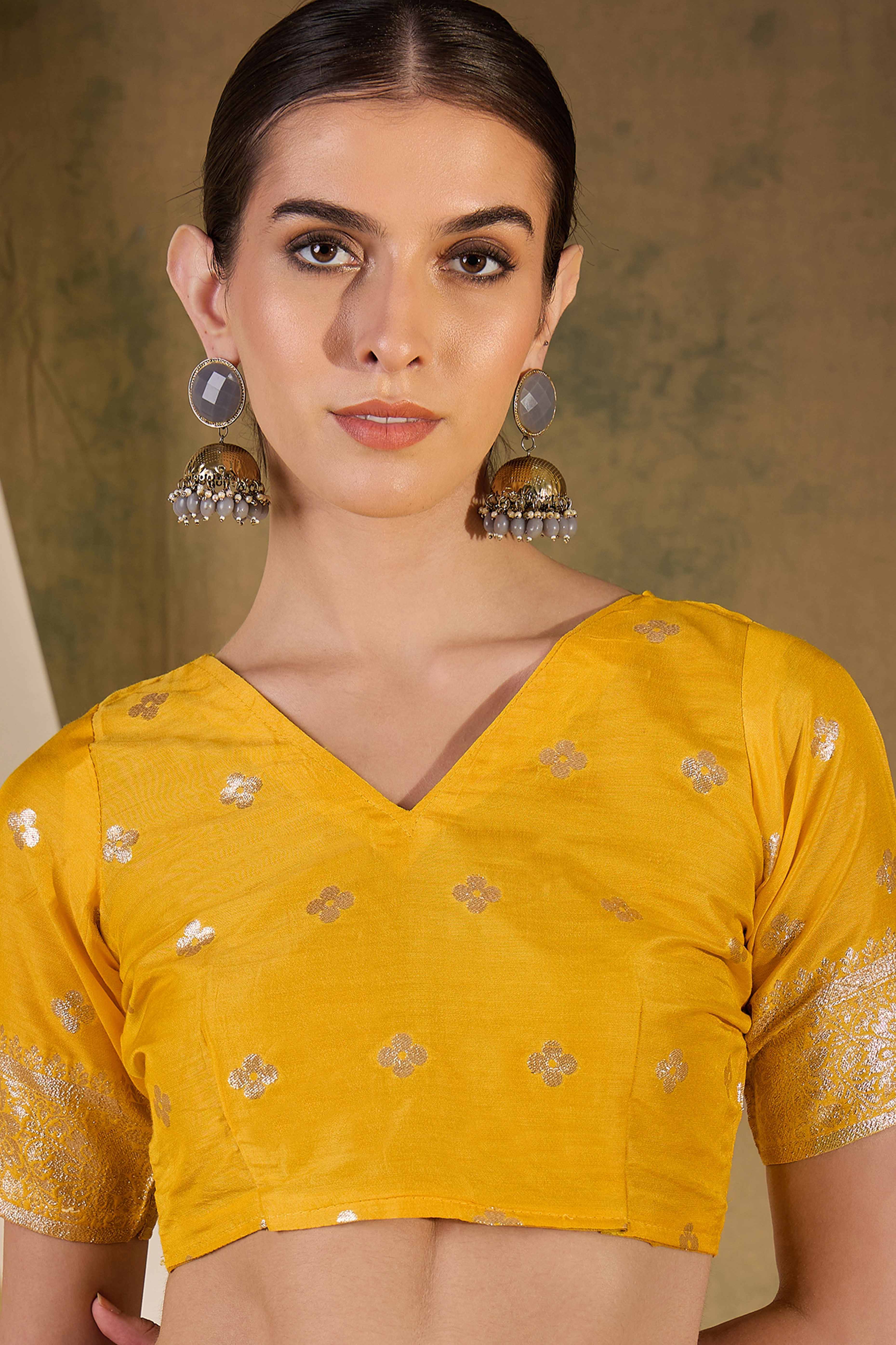 Mustard Cotton Blend Jacquard Saree Adorned With Floral Weaving & Graceful Tassel Pallu