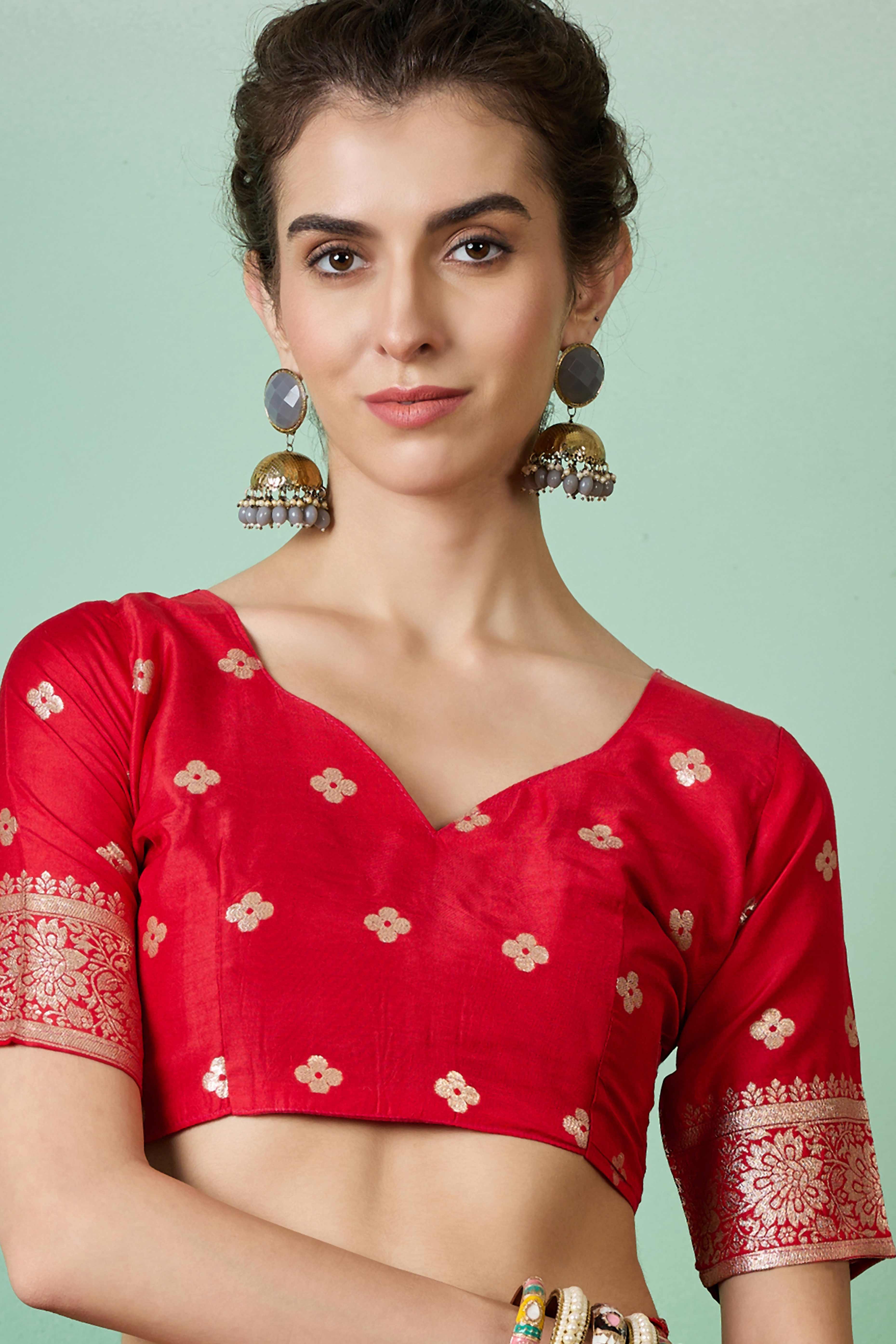 Red Cotton Blend Jacquard Saree Adorned With Floral Weaving & Graceful Tassel Pallu