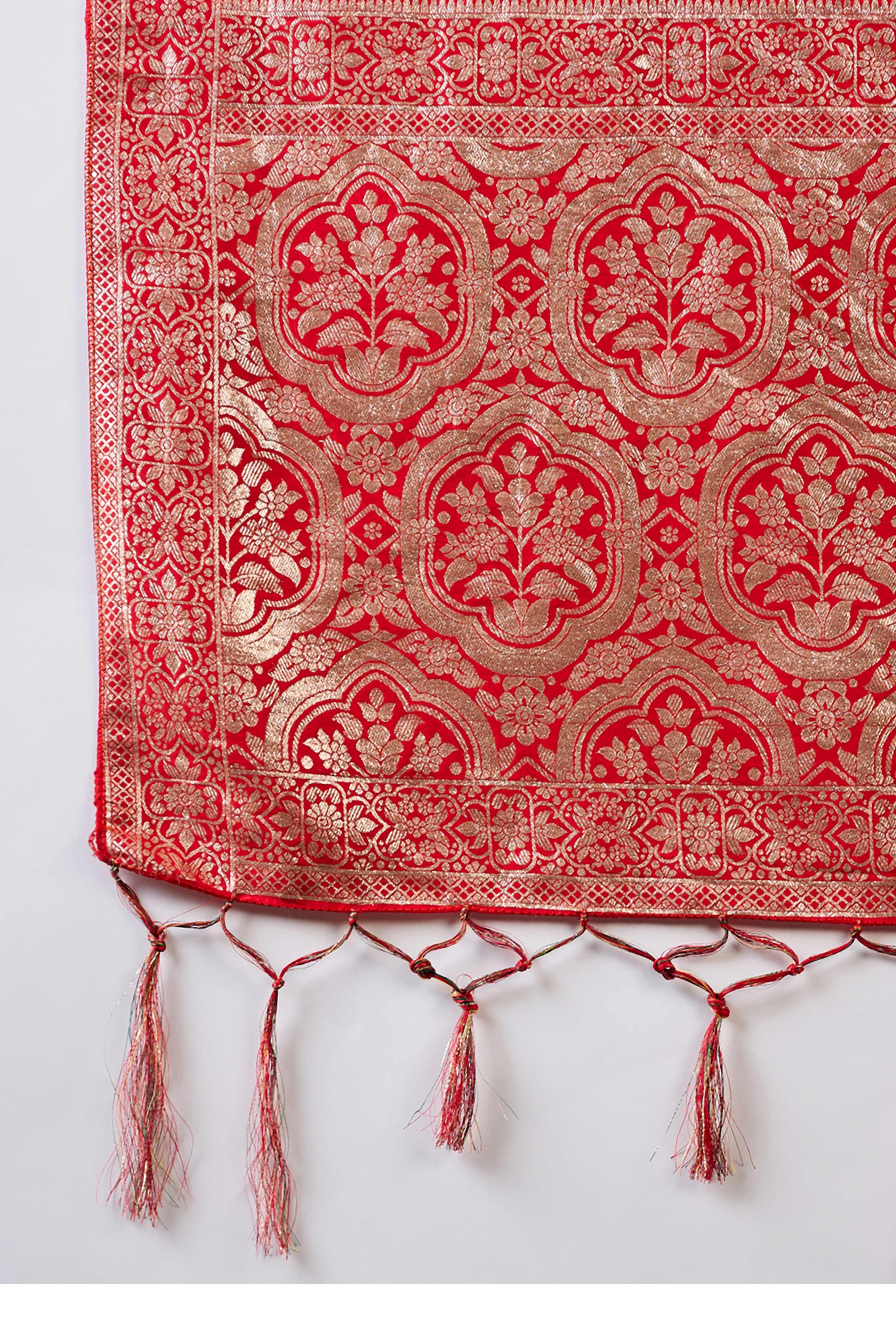 Red Jacquard Saree In Cotton Blend Featuring Elegant Floral Weaving & A Tasselled Pallu