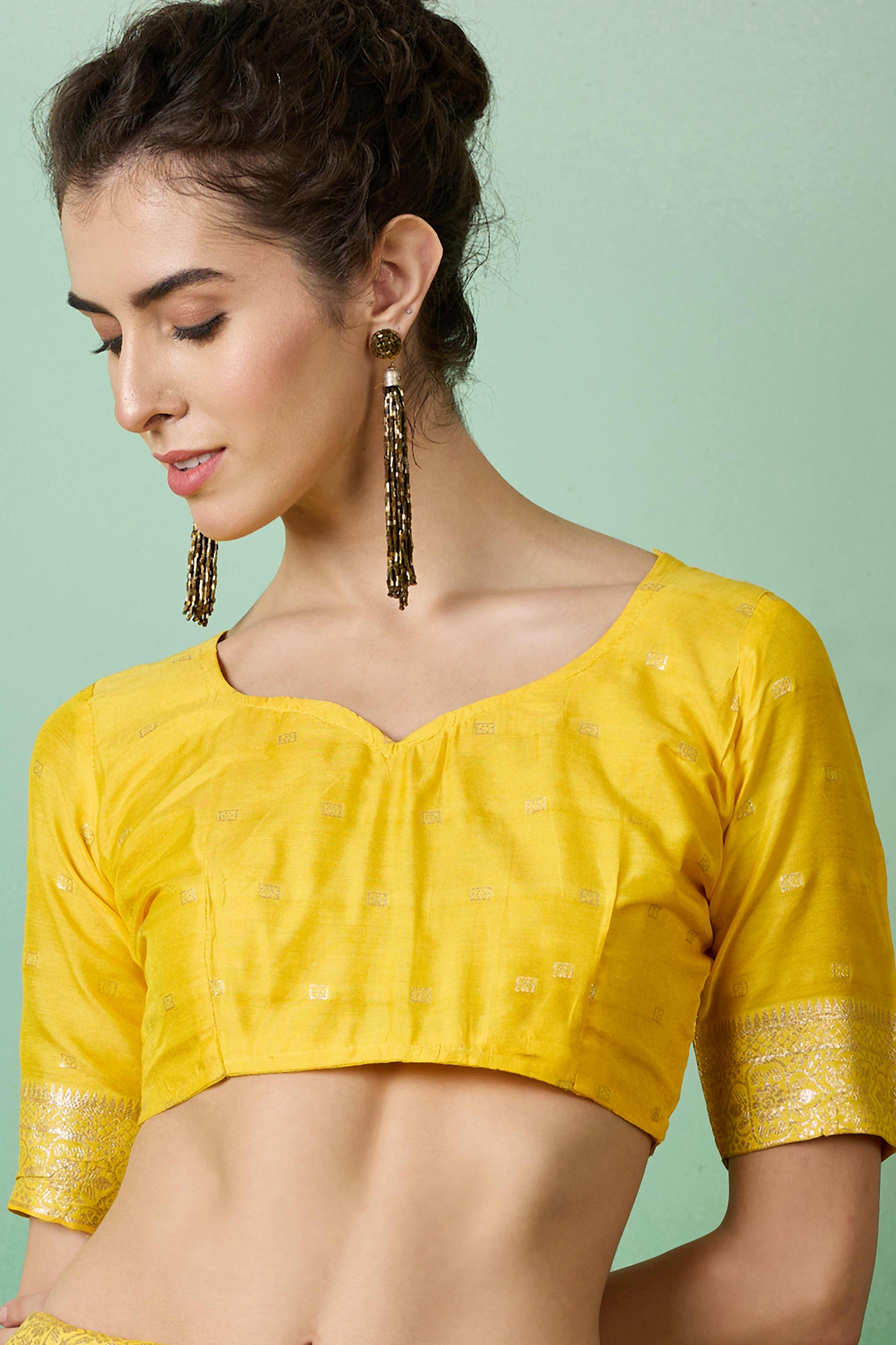 Yellow Jacquard Saree In Cotton Blend Featuring Elegant Floral Weaving & A Tasselled Pallu