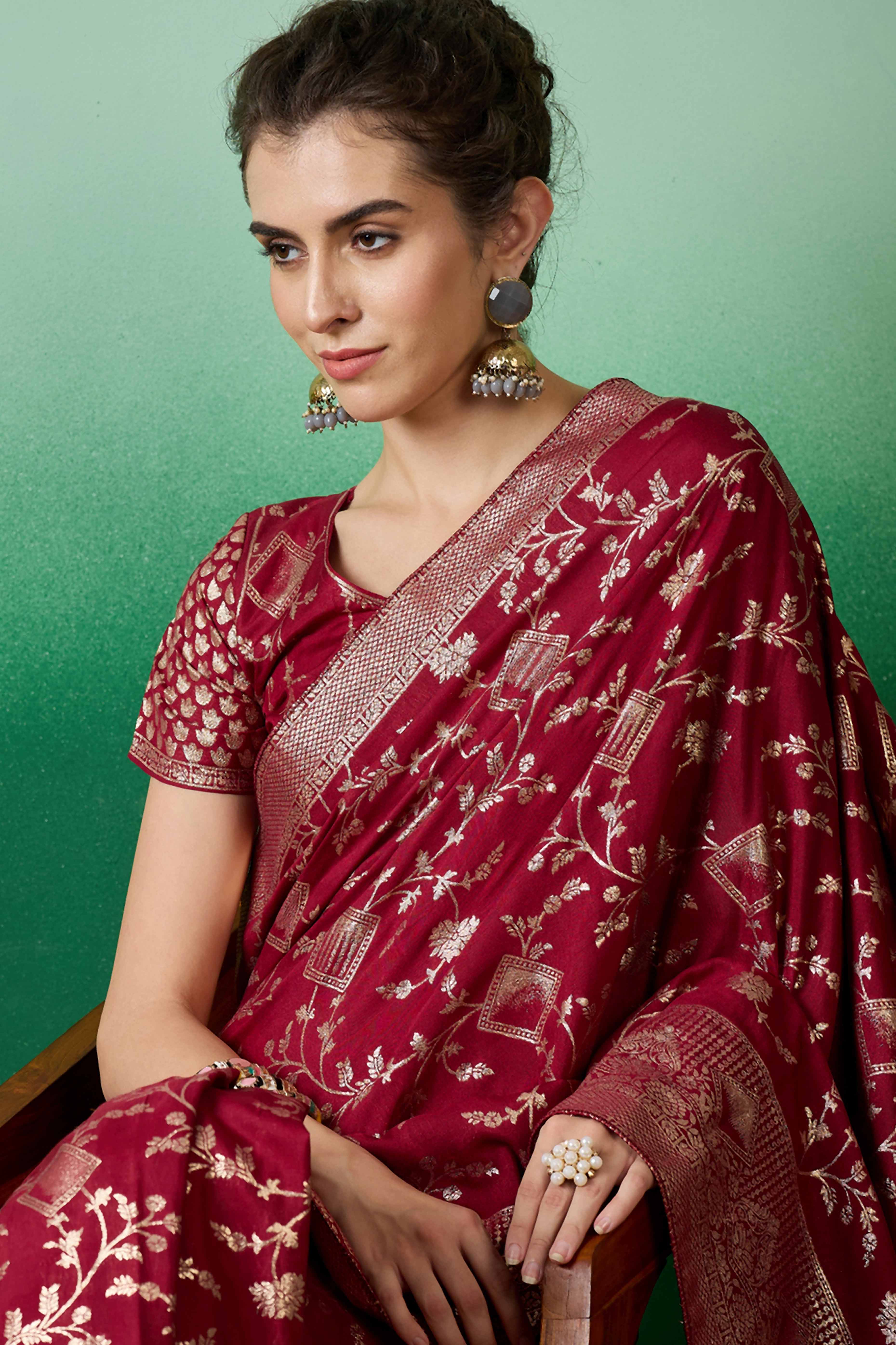 Maroon Cotton Blend Saree With Intricate Floral Zari Weaving & Soft Tassel