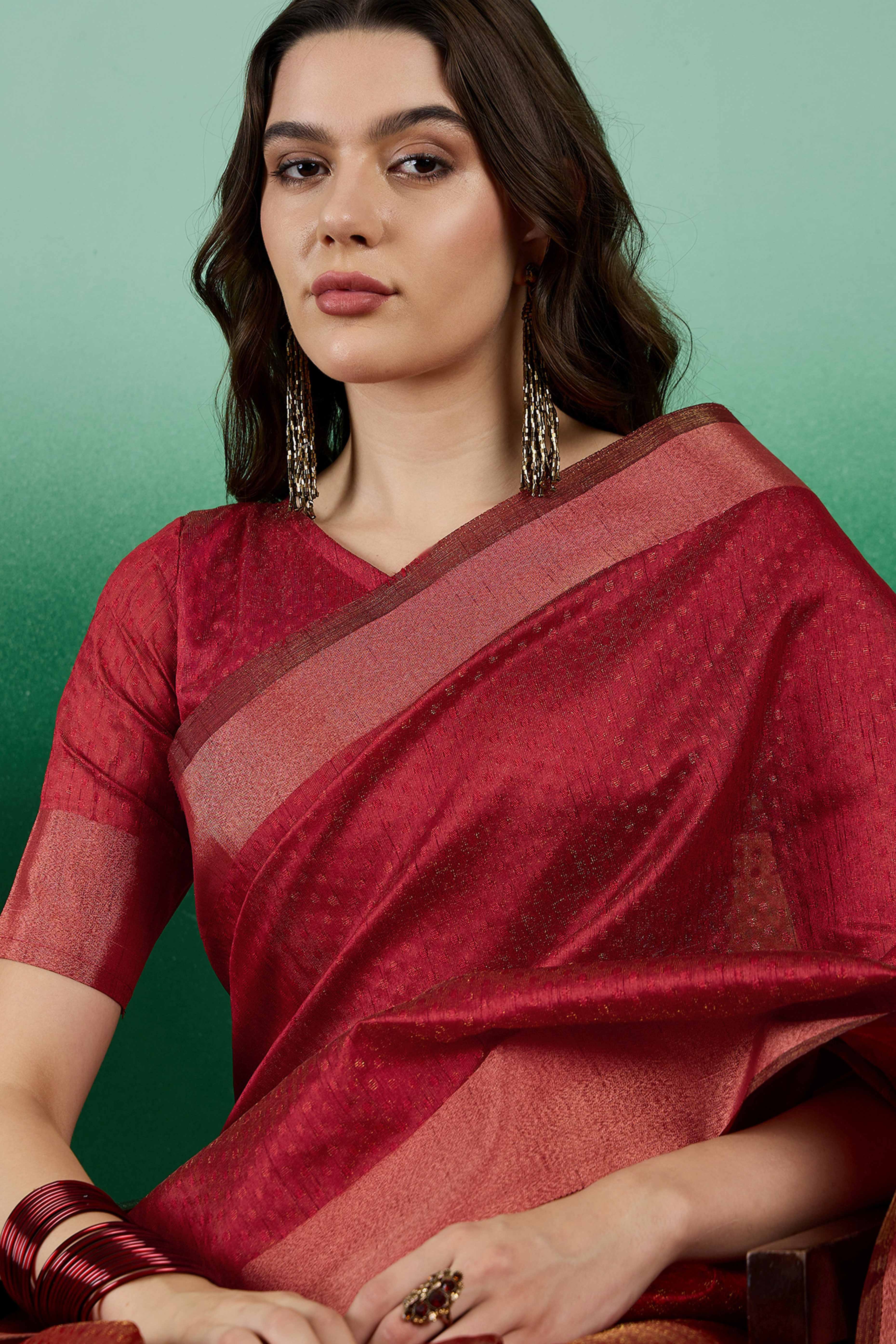 Dark Red Khadi Organza Saree Intricate Weaving & Sparkling Sequins with Tassel Pallu